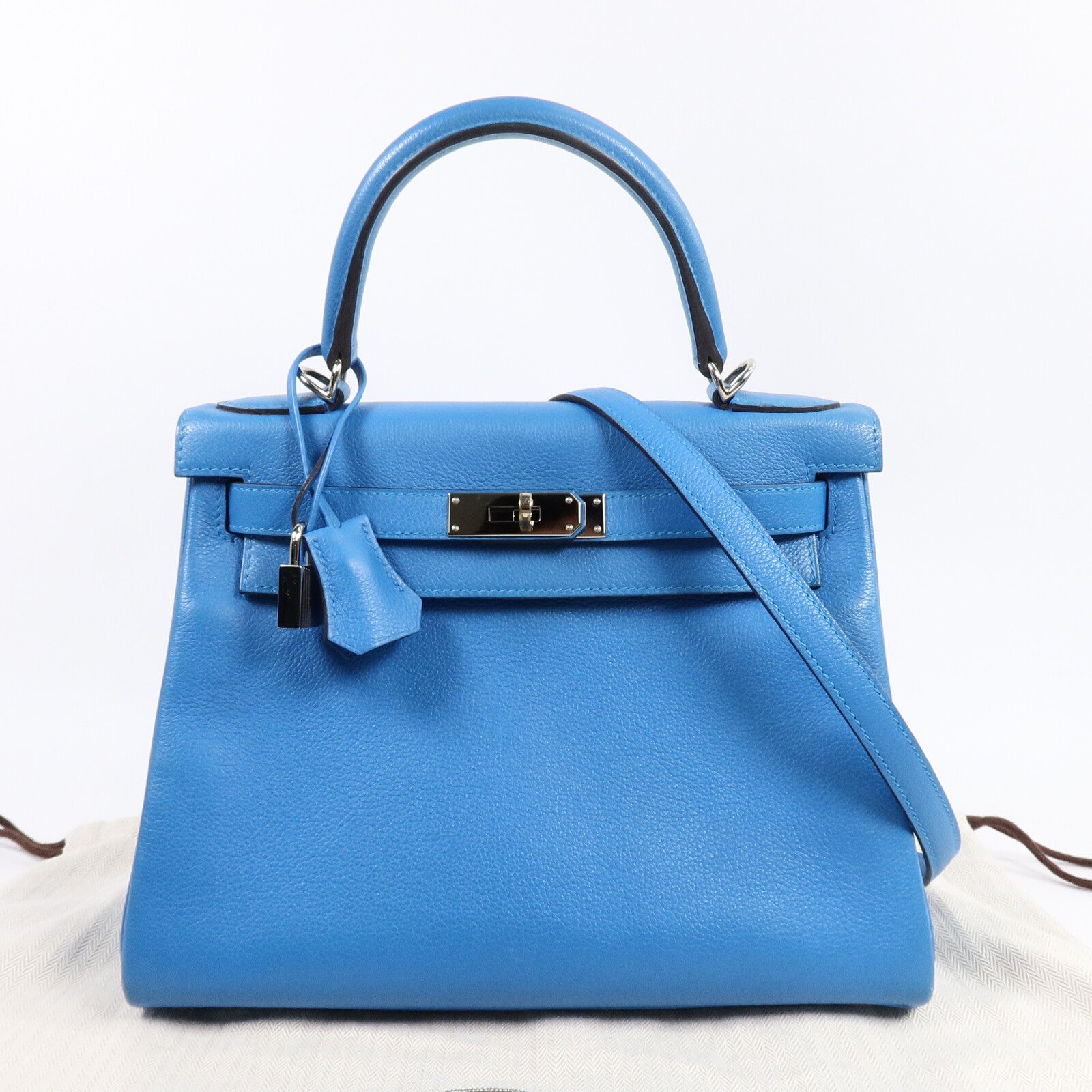 HERMES Clemence皮革Kelly 28手挽肩背兩用袋Bleu Frida