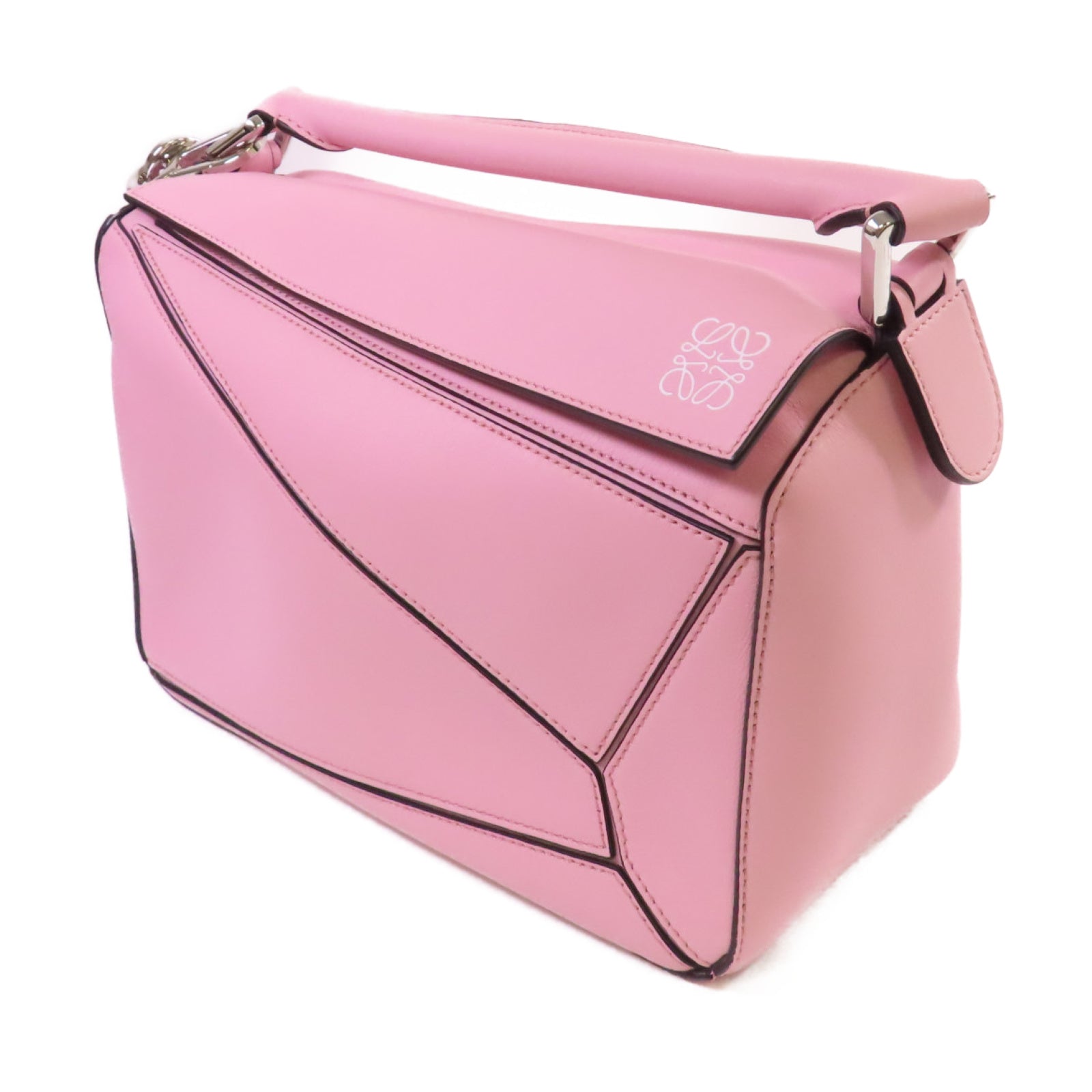LOEWE 牛皮皮革Small Puzzle 2Way Shoulder Bag銀扣手挽肩背兩用袋粉紅色