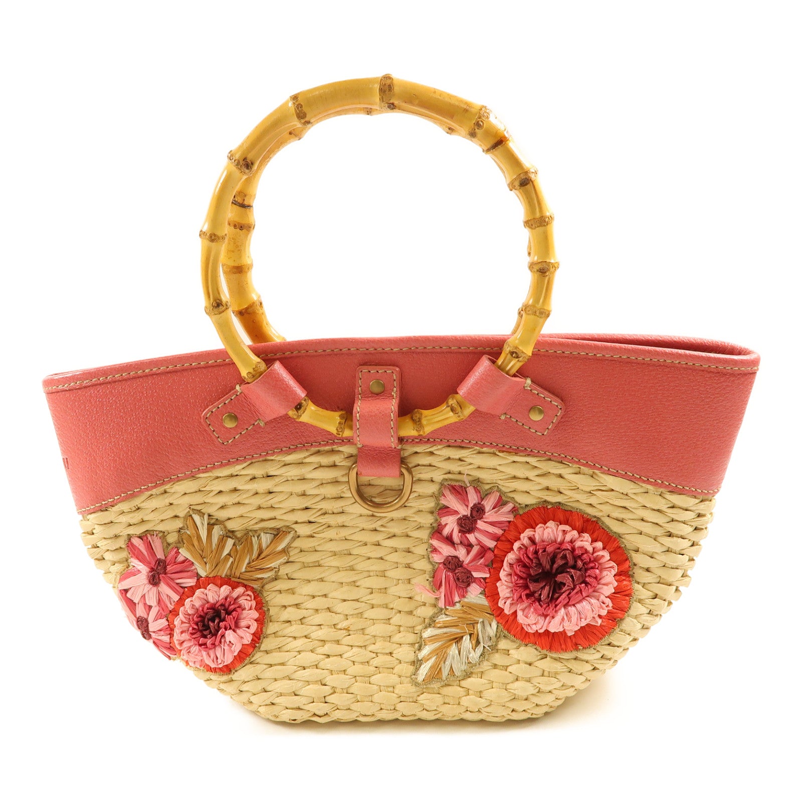 Miu Miu 【激減優惠】Straw/皮革Handbag金扣手挽袋米色/粉紅色