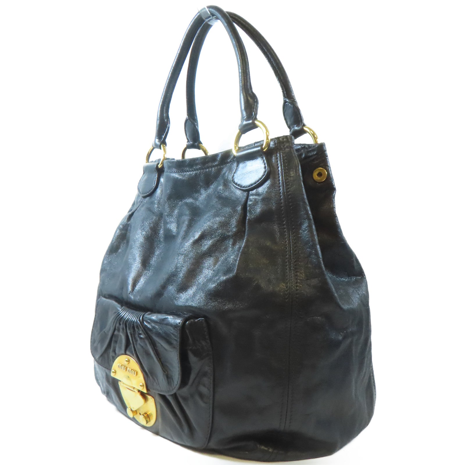 Miu Miu 牛皮皮革Tote Bag金扣手挽袋黑色