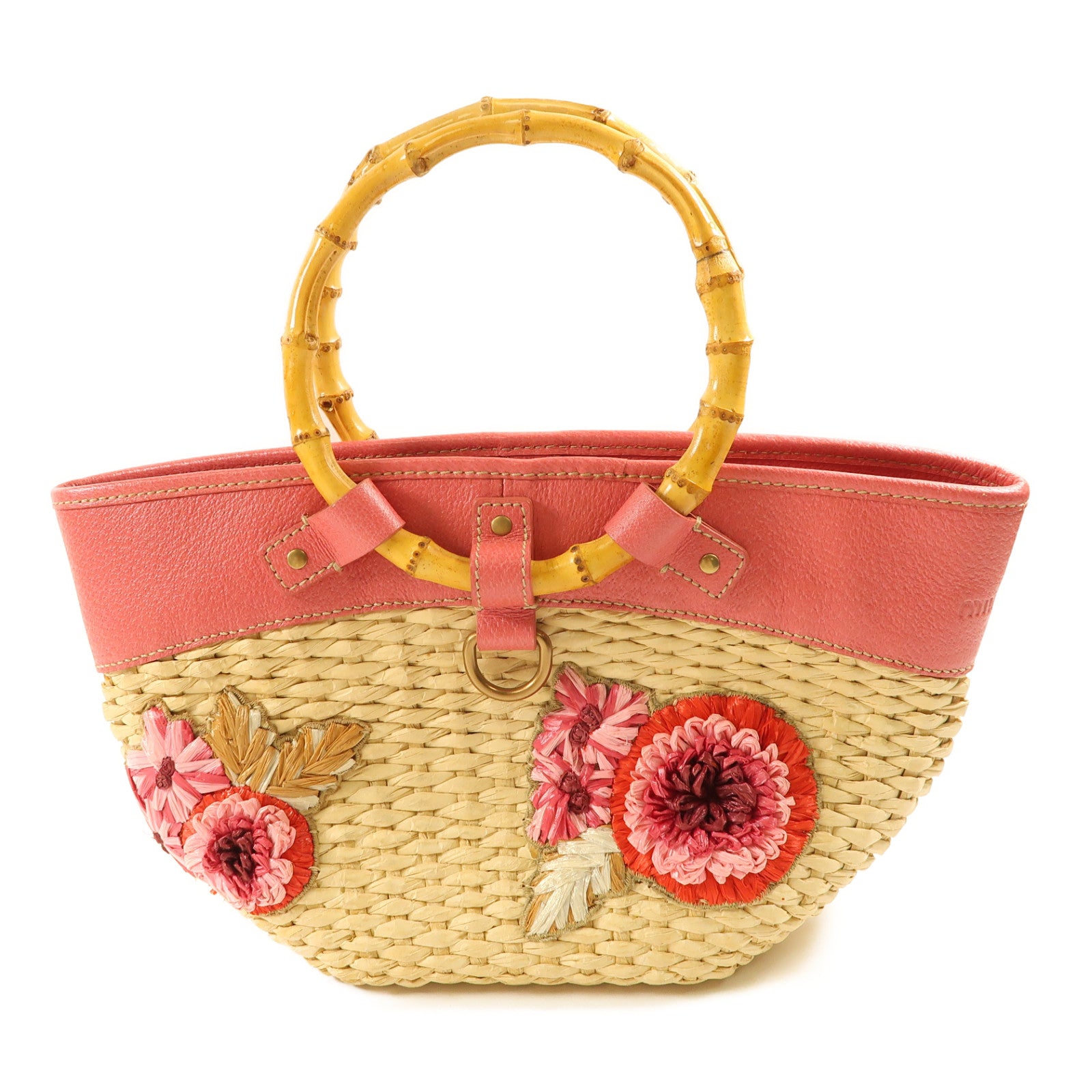 Miu Miu 【激減優惠】Straw/皮革Handbag金扣手挽袋米色/粉紅色