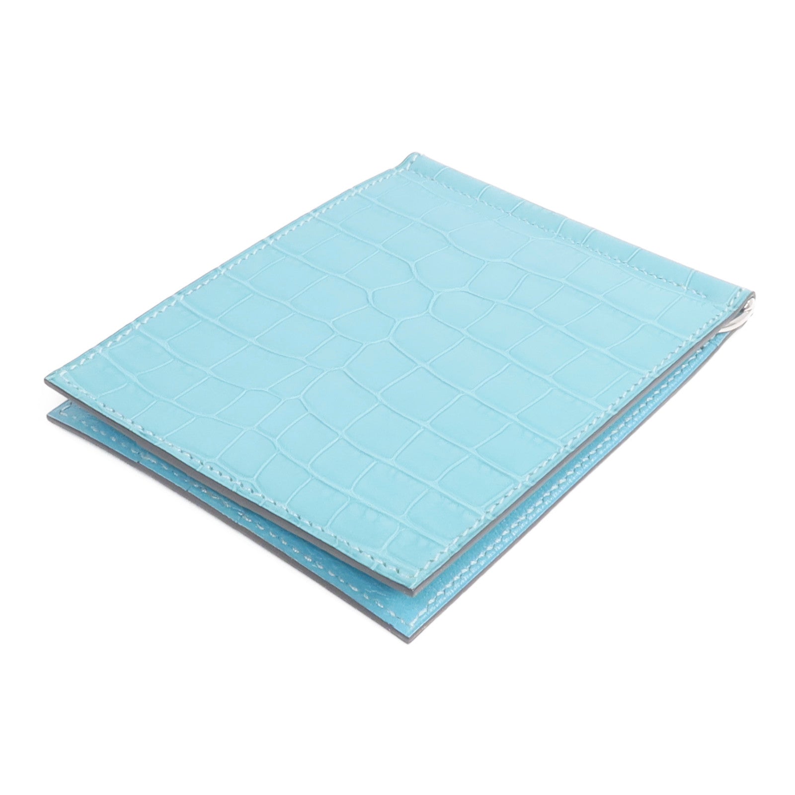 HERMES Alligator皮革Copernic Compact Wallet銀扣卡片套Bleu Atoll