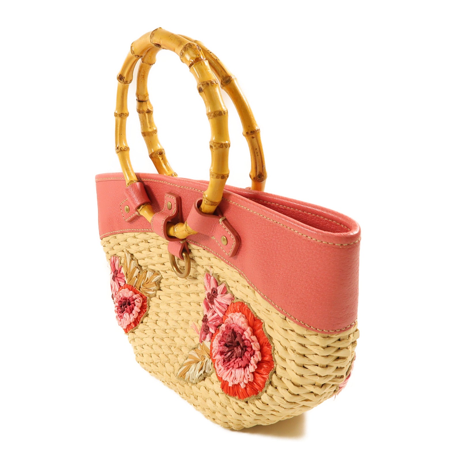 Miu Miu 【激減優惠】Straw/皮革Handbag金扣手挽袋米色/粉紅色