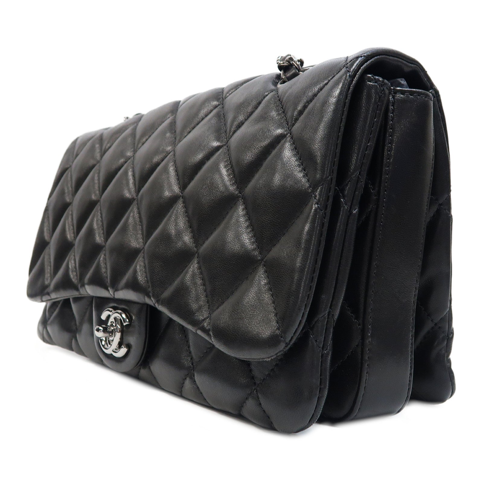 CHANEL 菱格羊皮皮革Chain Shoulder銀扣鏈帶肩背袋黑色