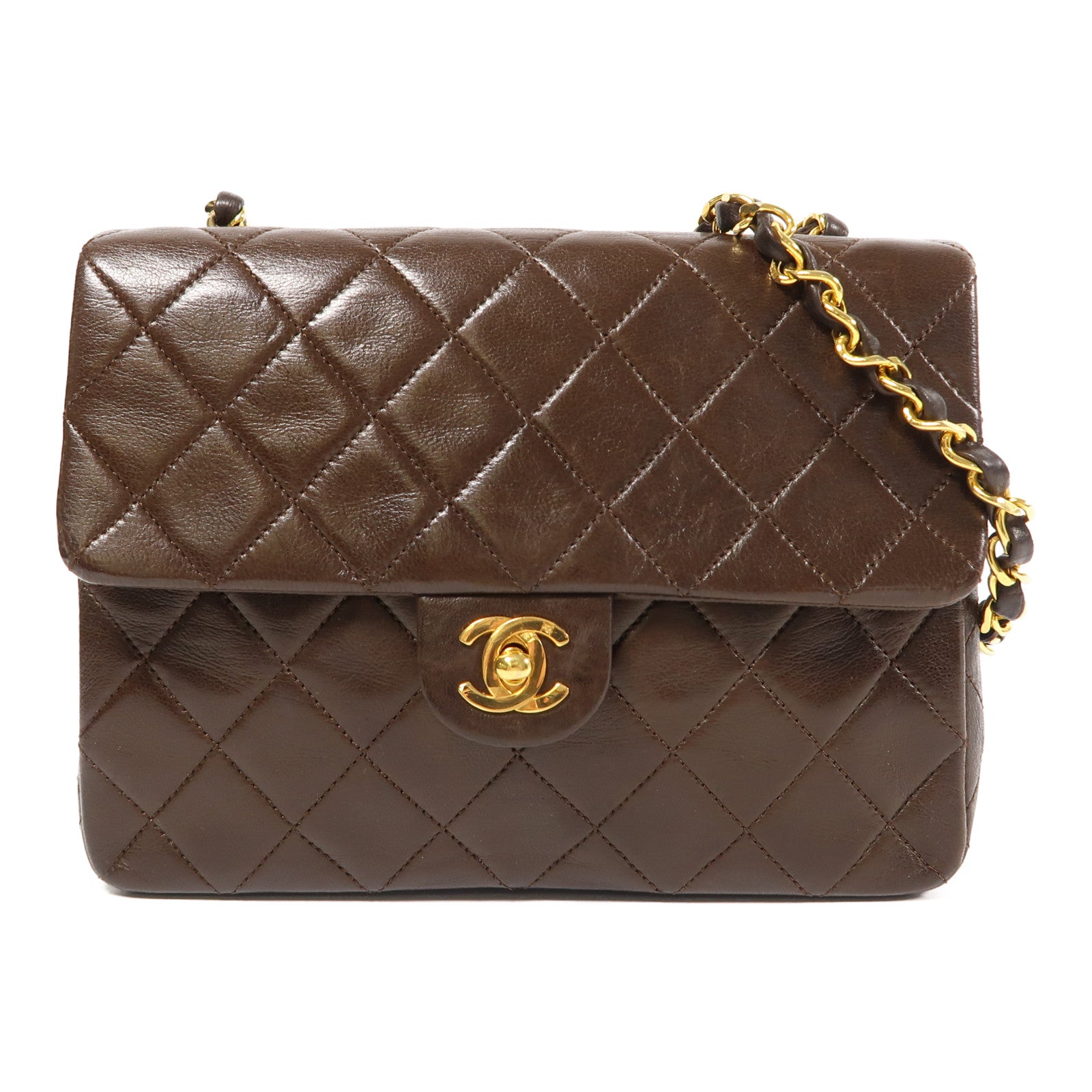 CHANEL 菱格牛皮皮革Mini Square金扣鏈帶肩背袋啡色