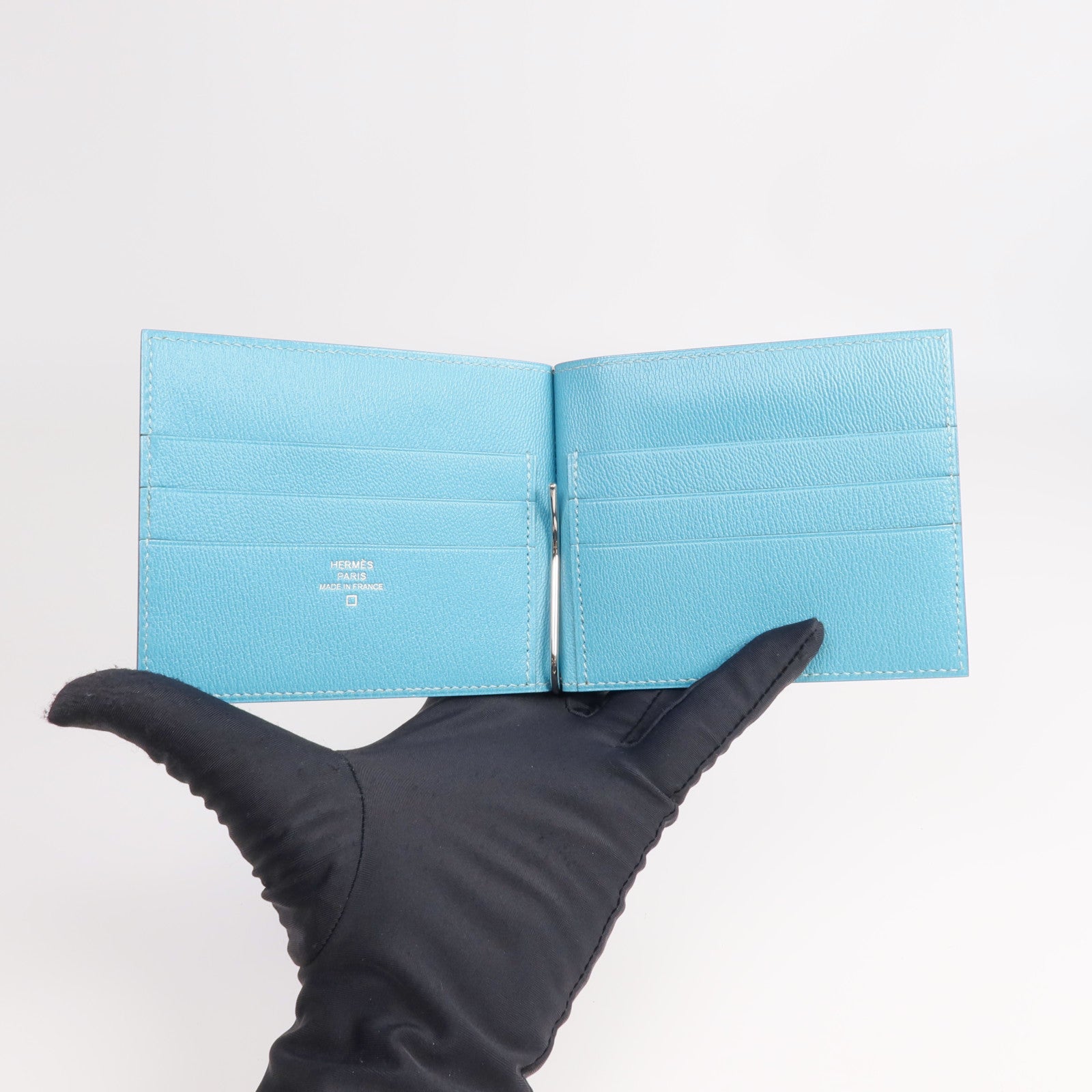 HERMES Alligator皮革Copernic Compact Wallet銀扣卡片套Bleu Atoll