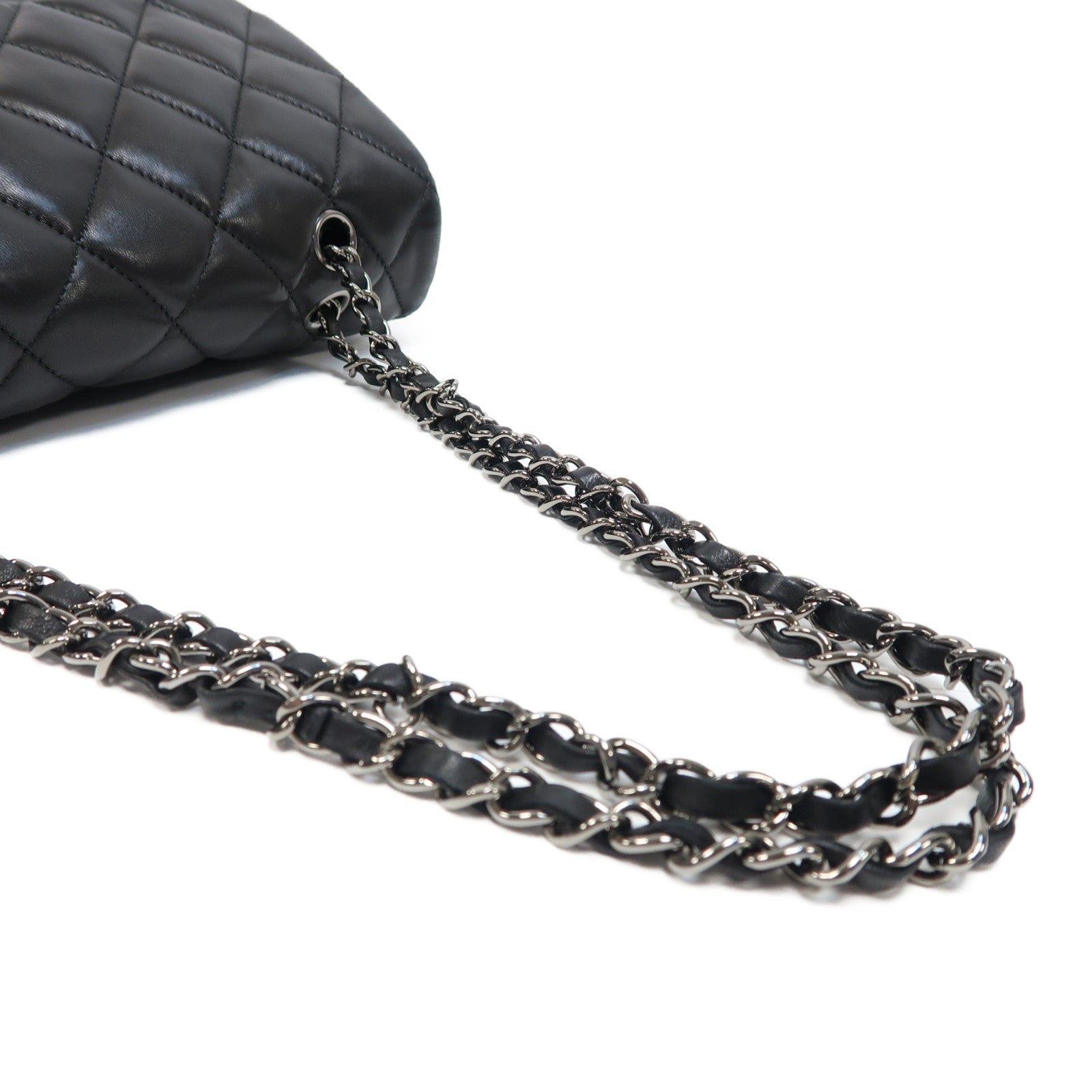 CHANEL 菱格羊皮皮革Chain Shoulder銀扣鏈帶肩背袋黑色