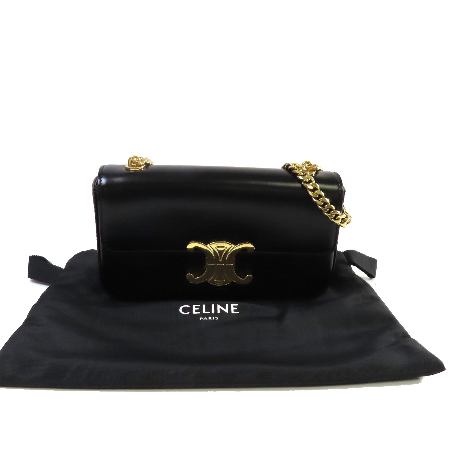 CELINE 牛皮皮革Claude Chain Shoulder Bag金扣肩背袋黑色