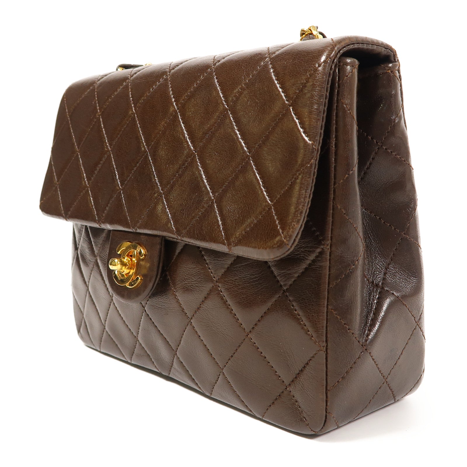CHANEL 菱格牛皮皮革Mini Square金扣鏈帶肩背袋啡色