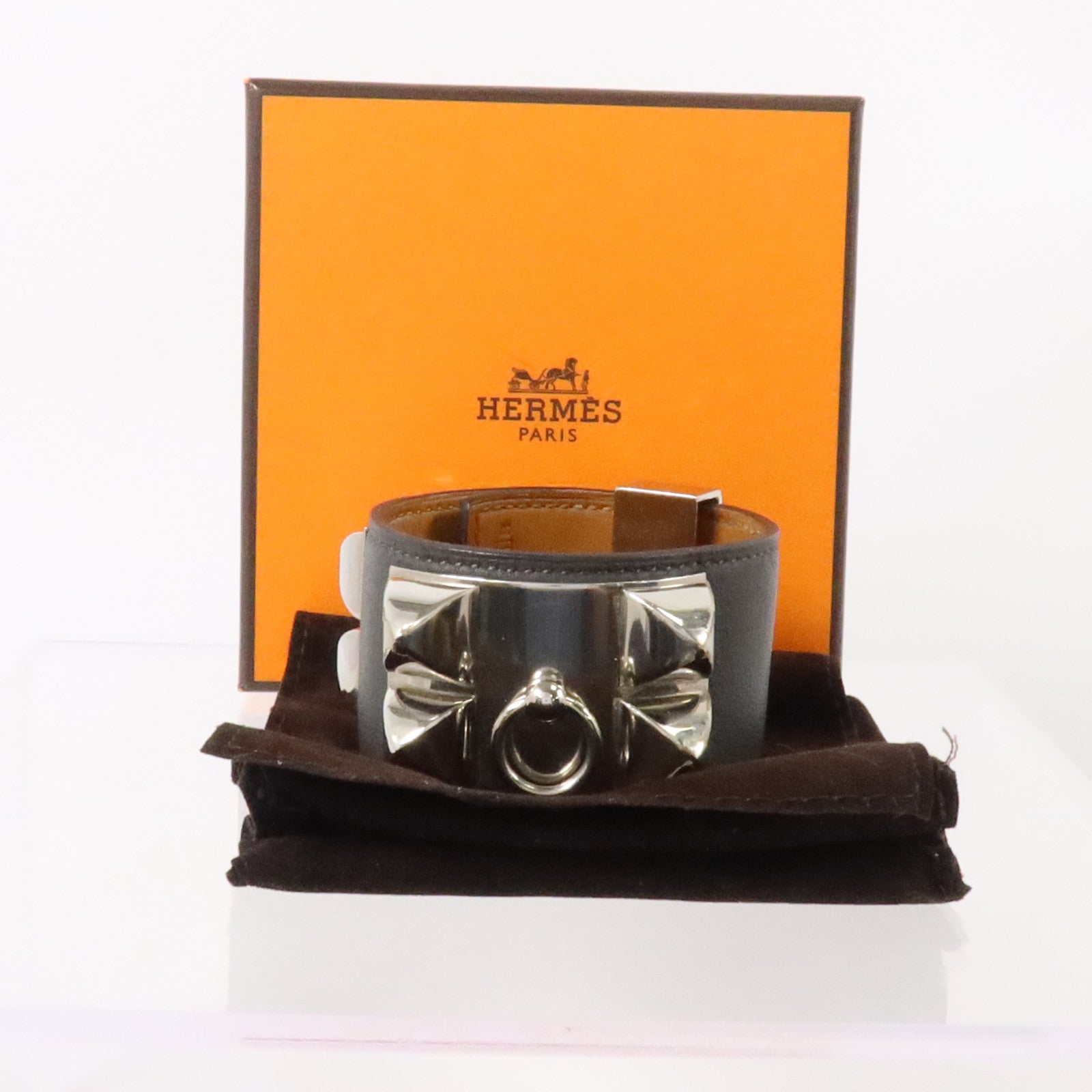HERMES Swift皮革/金屬Collier De Chien Bracelet銀扣手鏈Ardoise
