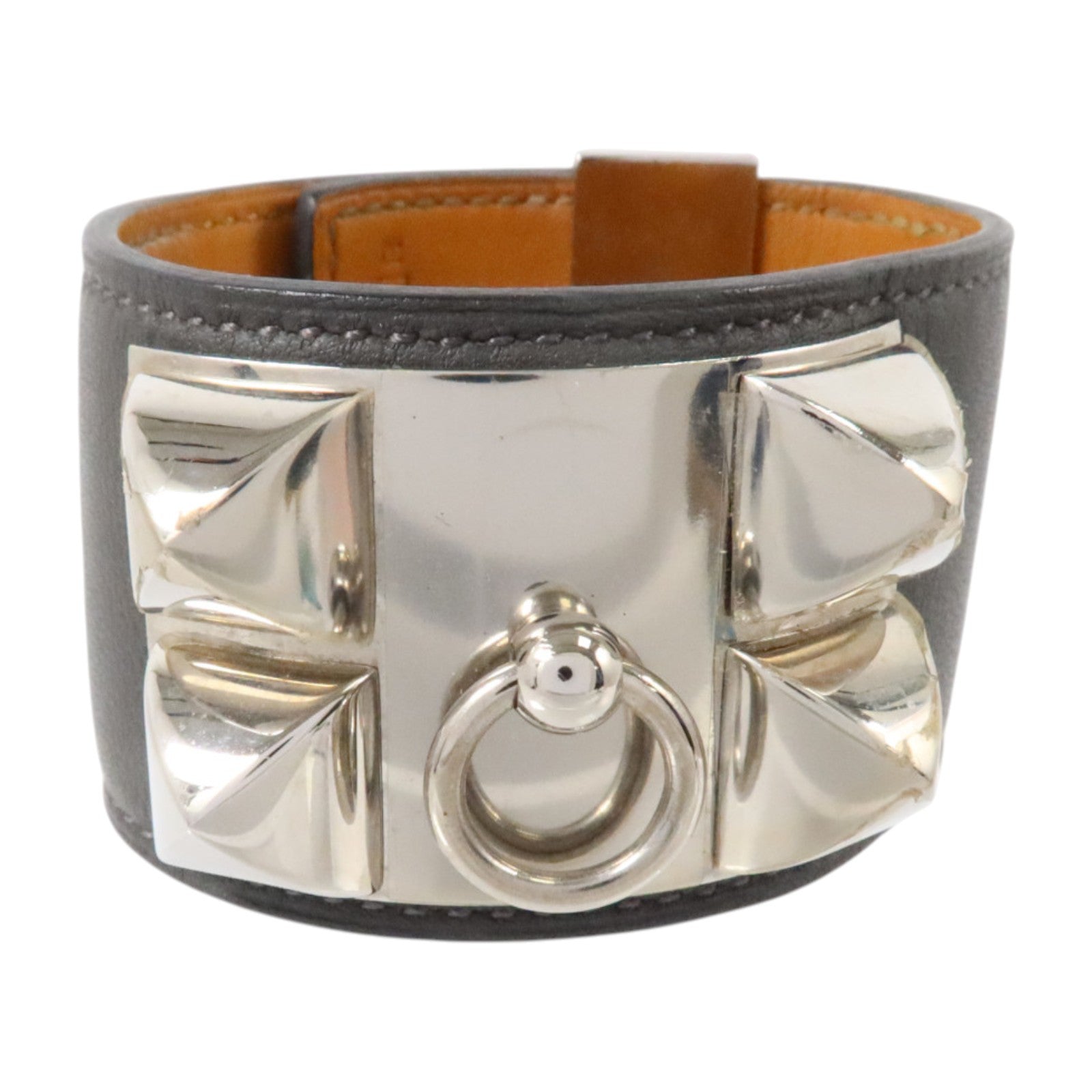 HERMES Swift皮革/金屬Collier De Chien Bracelet銀扣手鏈Ardoise