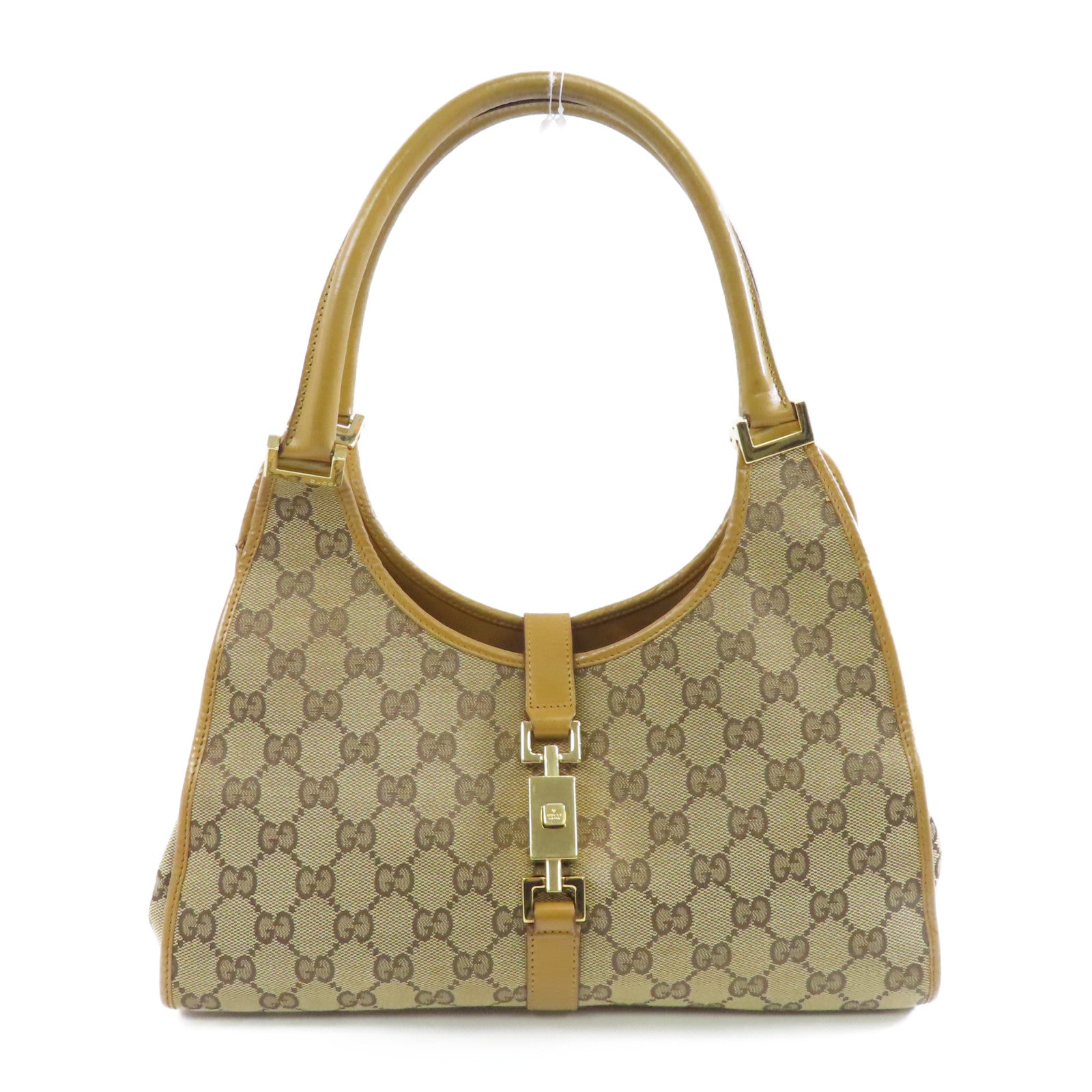 GUCCI 帆布/牛皮皮革Jackie金扣肩背袋啡色