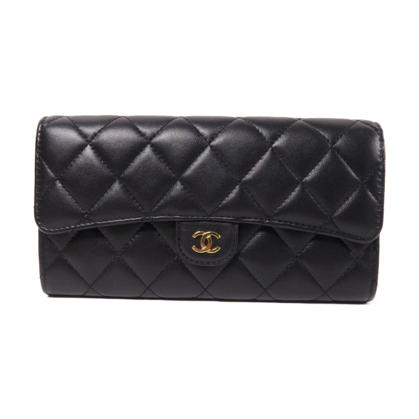 CHANEL 菱格羊皮皮革Long Wallet金扣長錢包黑色