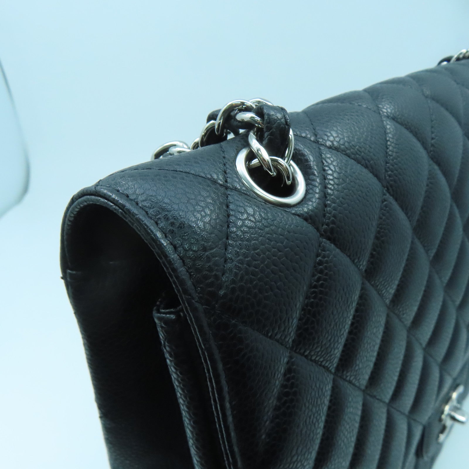 CHANEL Caviar Leather Maxi Silver Buckle Handle Shoulder Bag Black