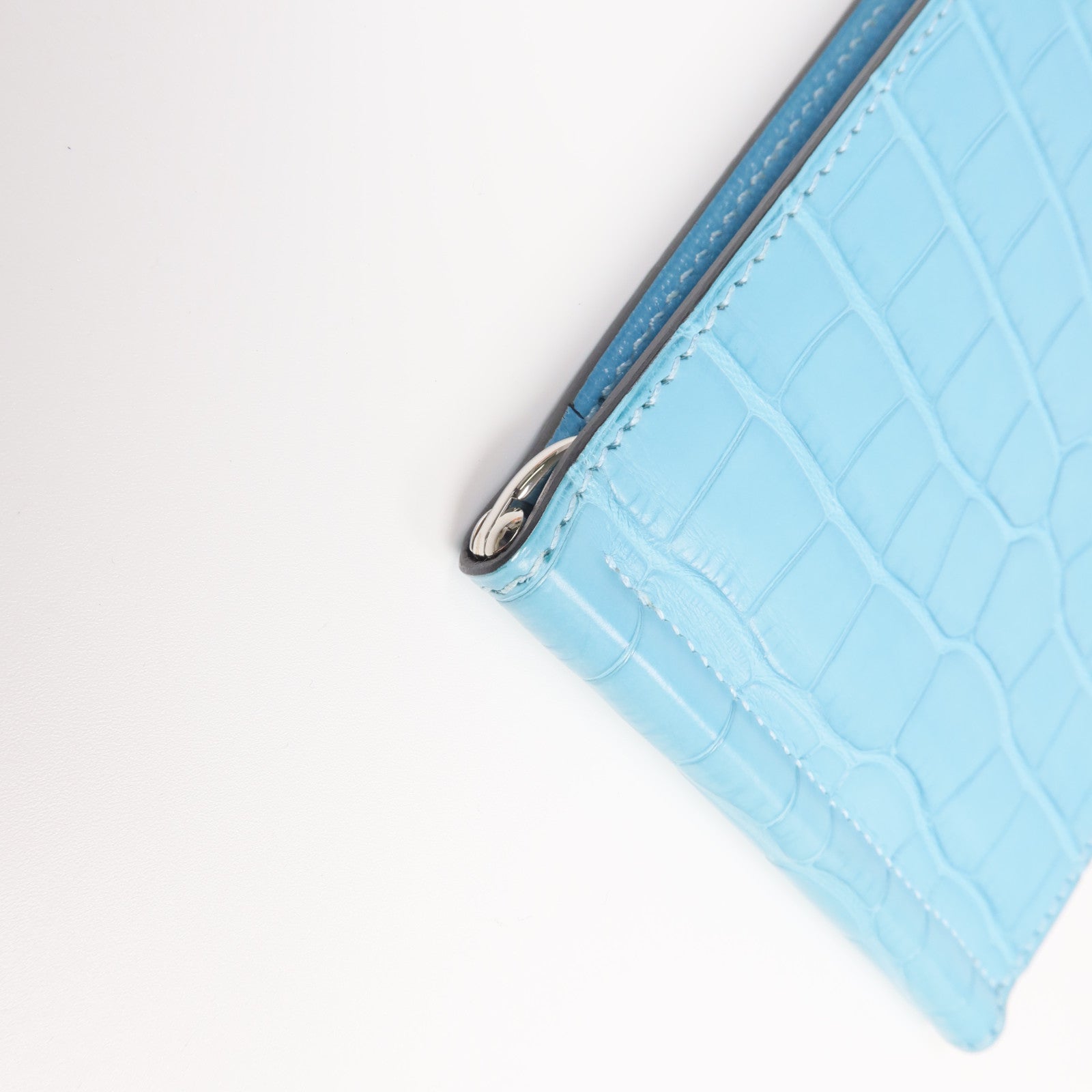 HERMES Alligator皮革Copernic Compact Wallet銀扣卡片套Bleu Atoll