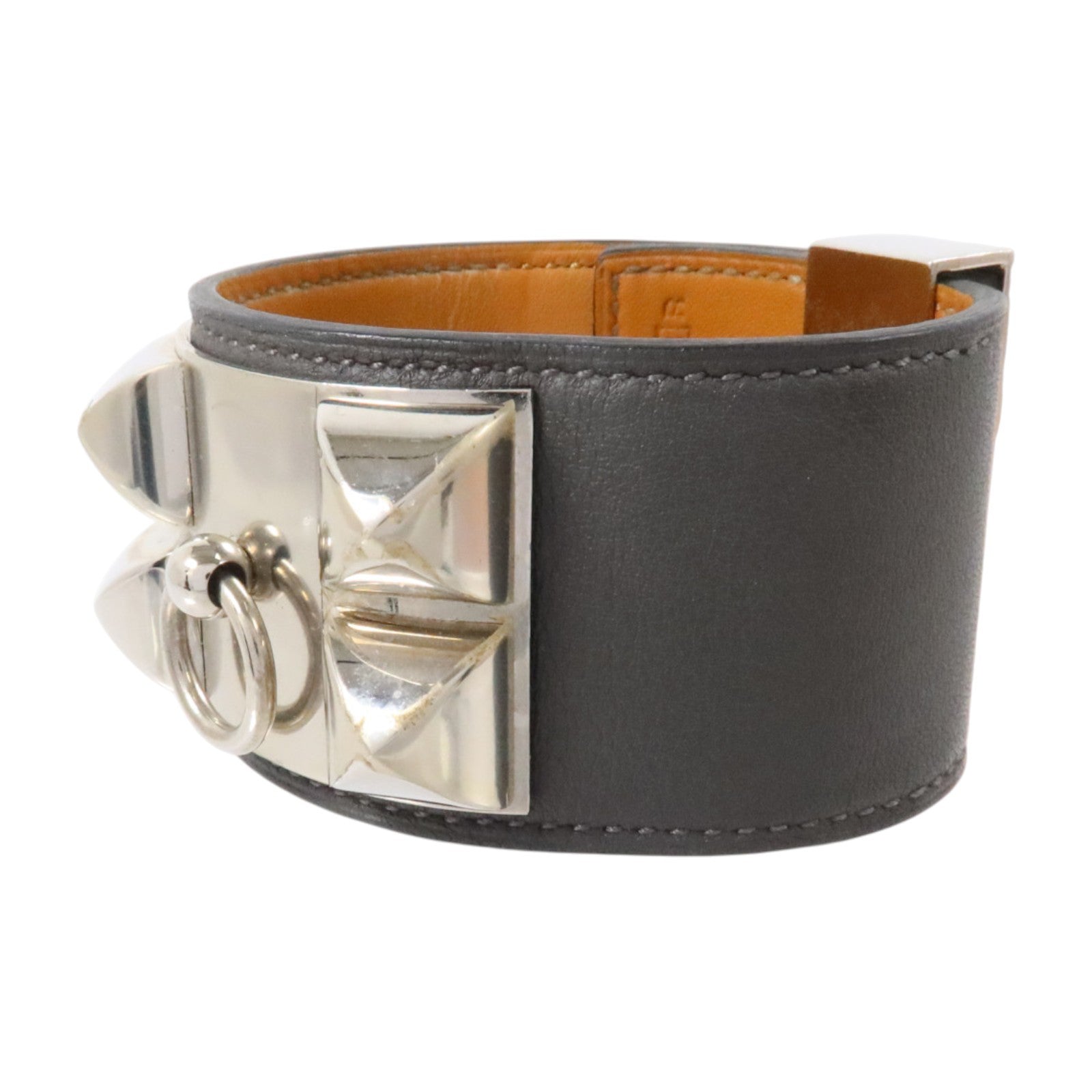 HERMES Swift皮革/金屬Collier De Chien Bracelet銀扣手鏈Ardoise