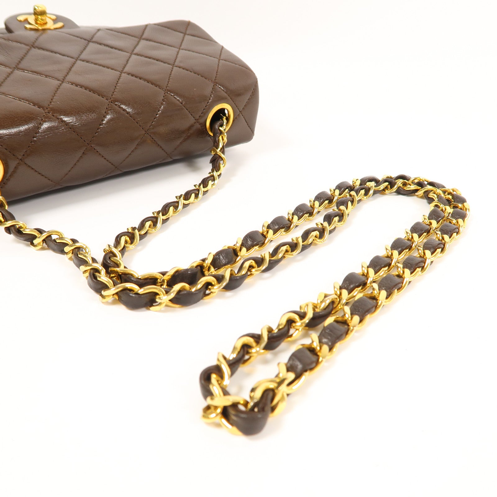 CHANEL 菱格牛皮皮革Mini Square金扣鏈帶肩背袋啡色