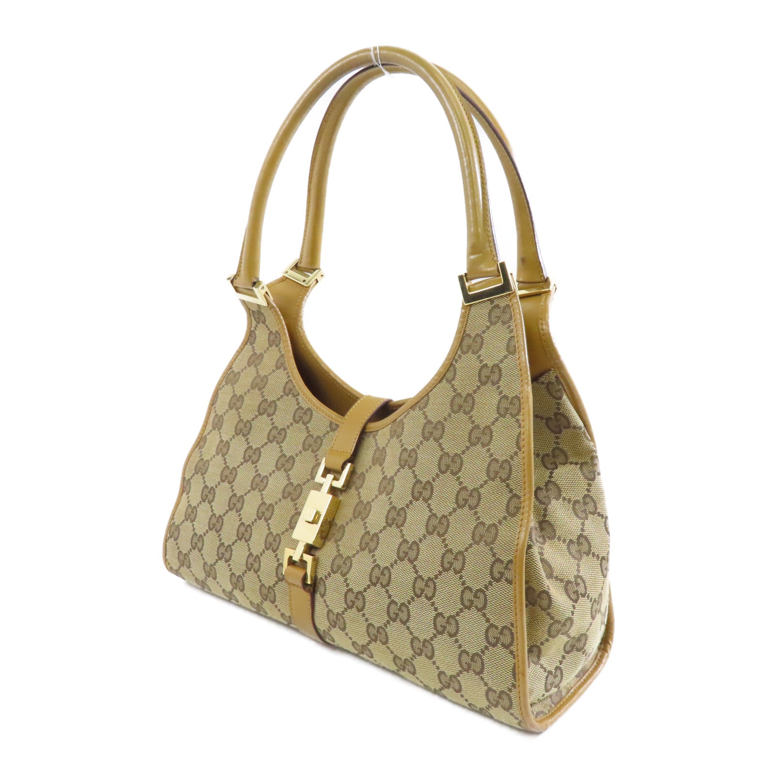 GUCCI 帆布/牛皮皮革Jackie金扣肩背袋啡色