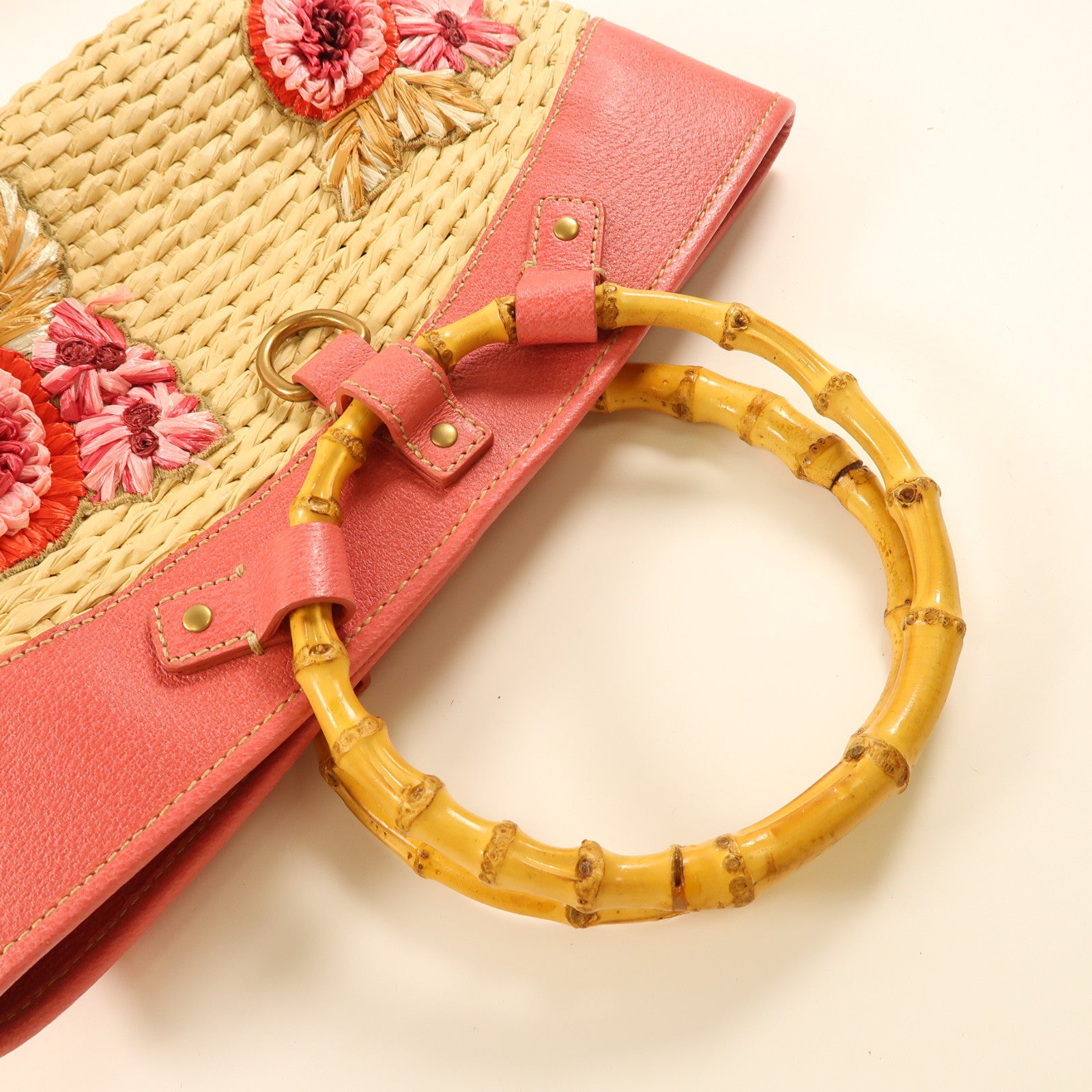 Miu Miu 【激減優惠】Straw/皮革Handbag金扣手挽袋米色/粉紅色