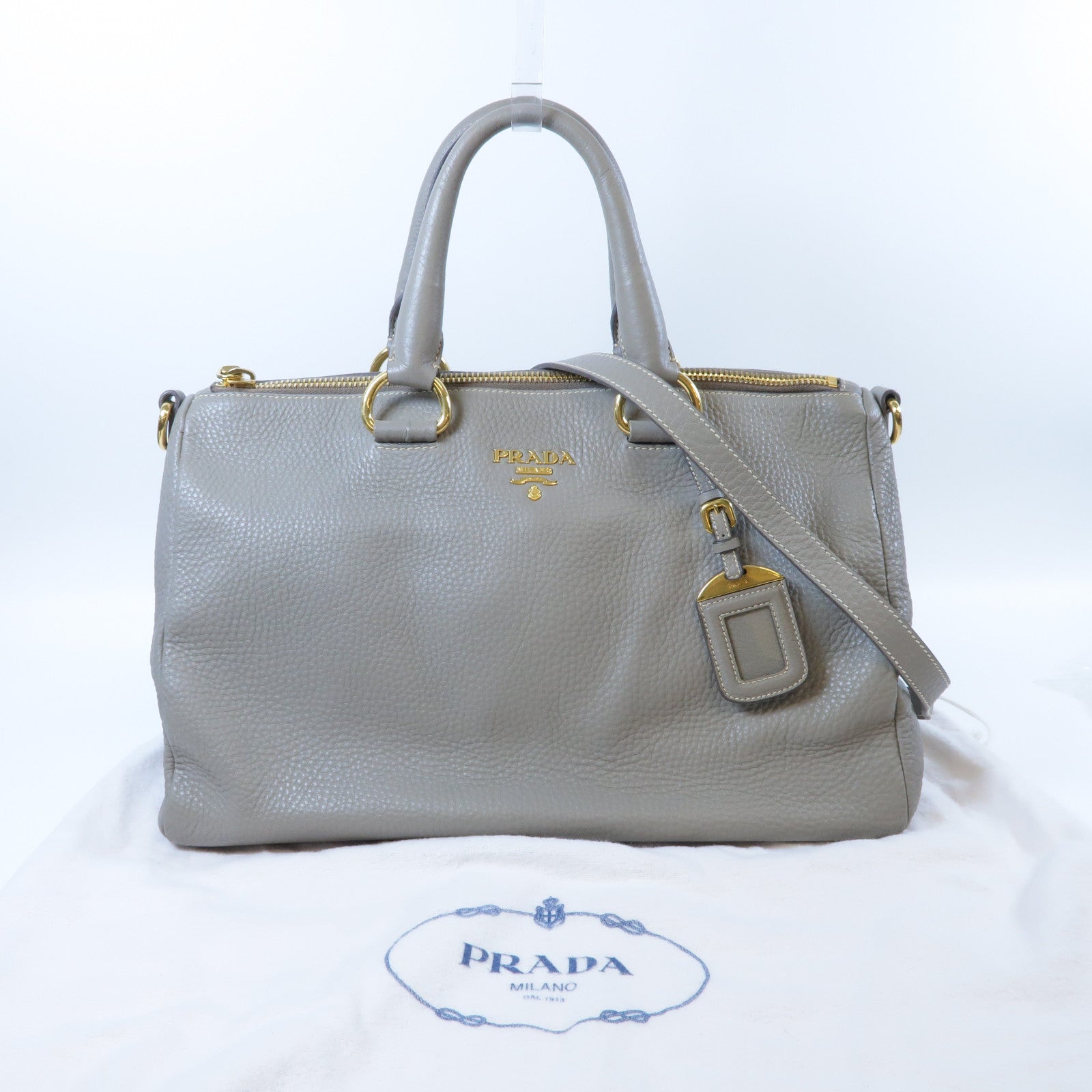PRADA 【激減優惠】牛皮皮革2 Way Shoulder Bag金扣手挽肩背兩用袋灰色