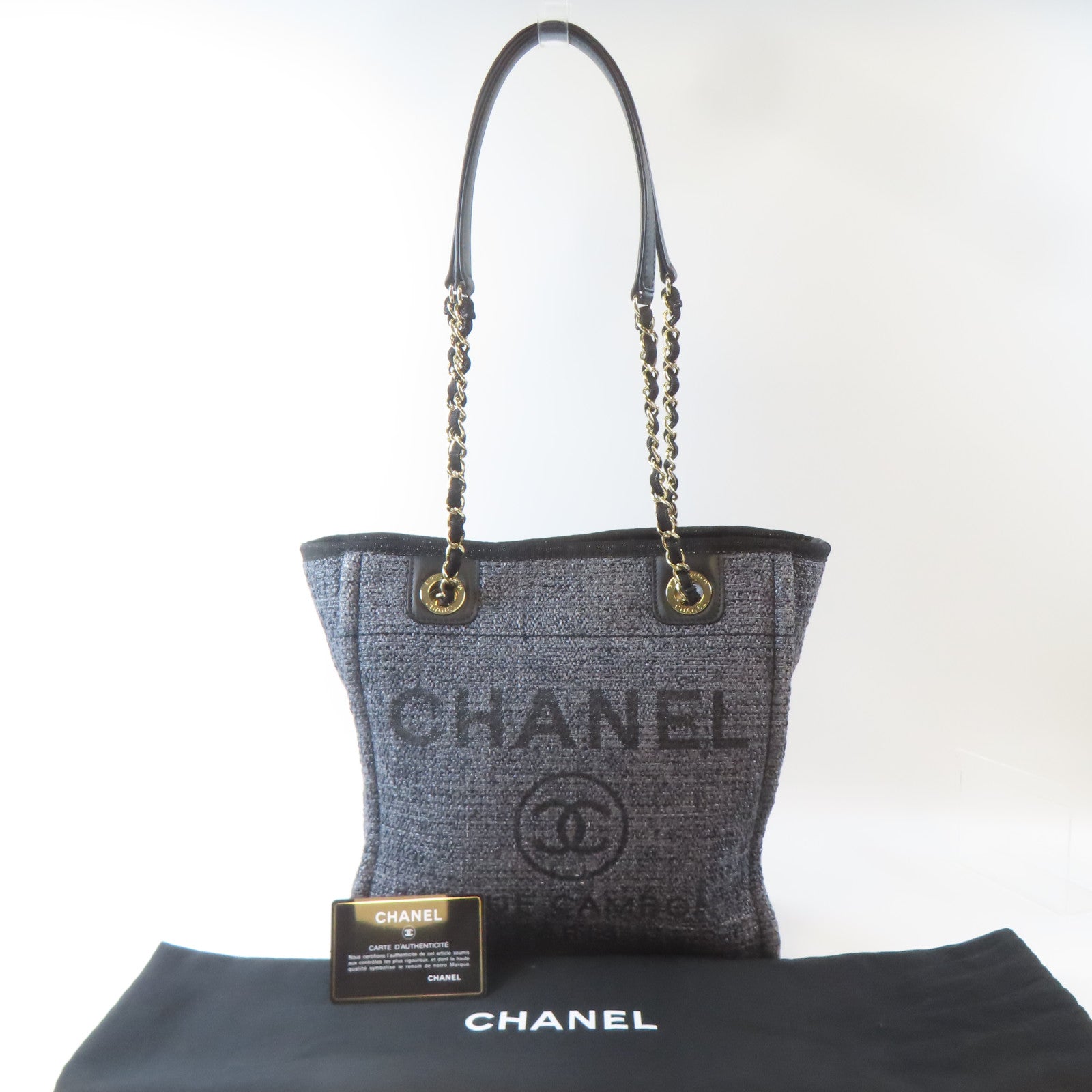 CHANEL 帆布Deauville Tote金扣肩背袋/手挽袋灰色