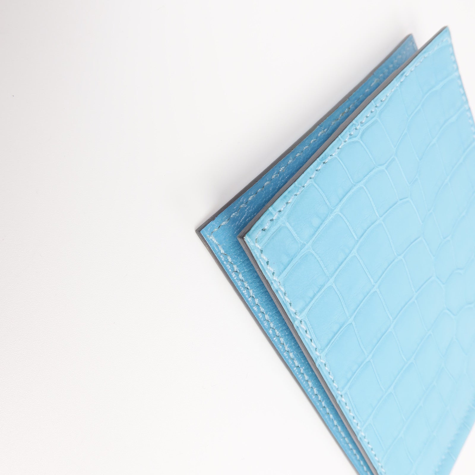 HERMES Alligator皮革Copernic Compact Wallet銀扣卡片套Bleu Atoll