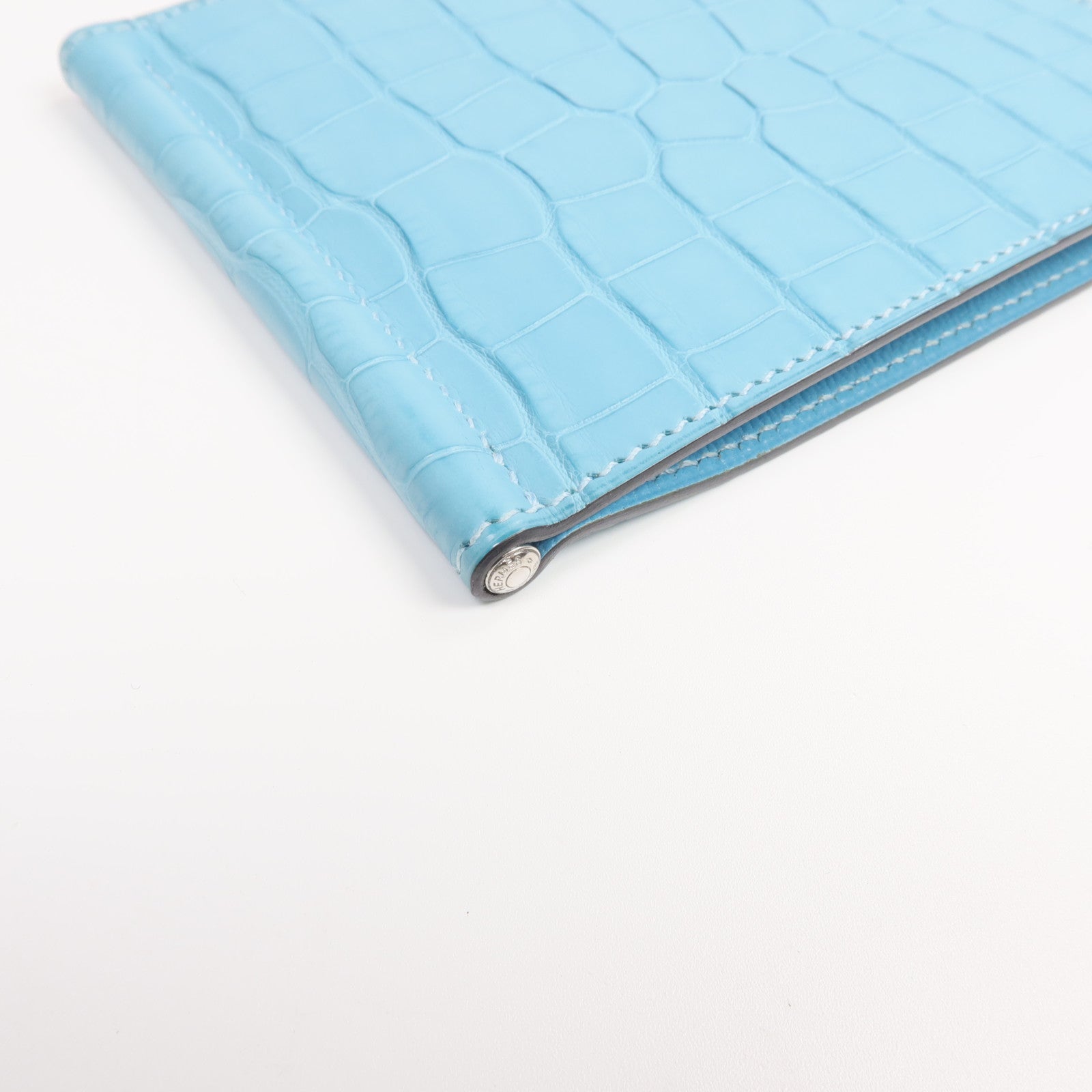HERMES Alligator皮革Copernic Compact Wallet銀扣卡片套Bleu Atoll
