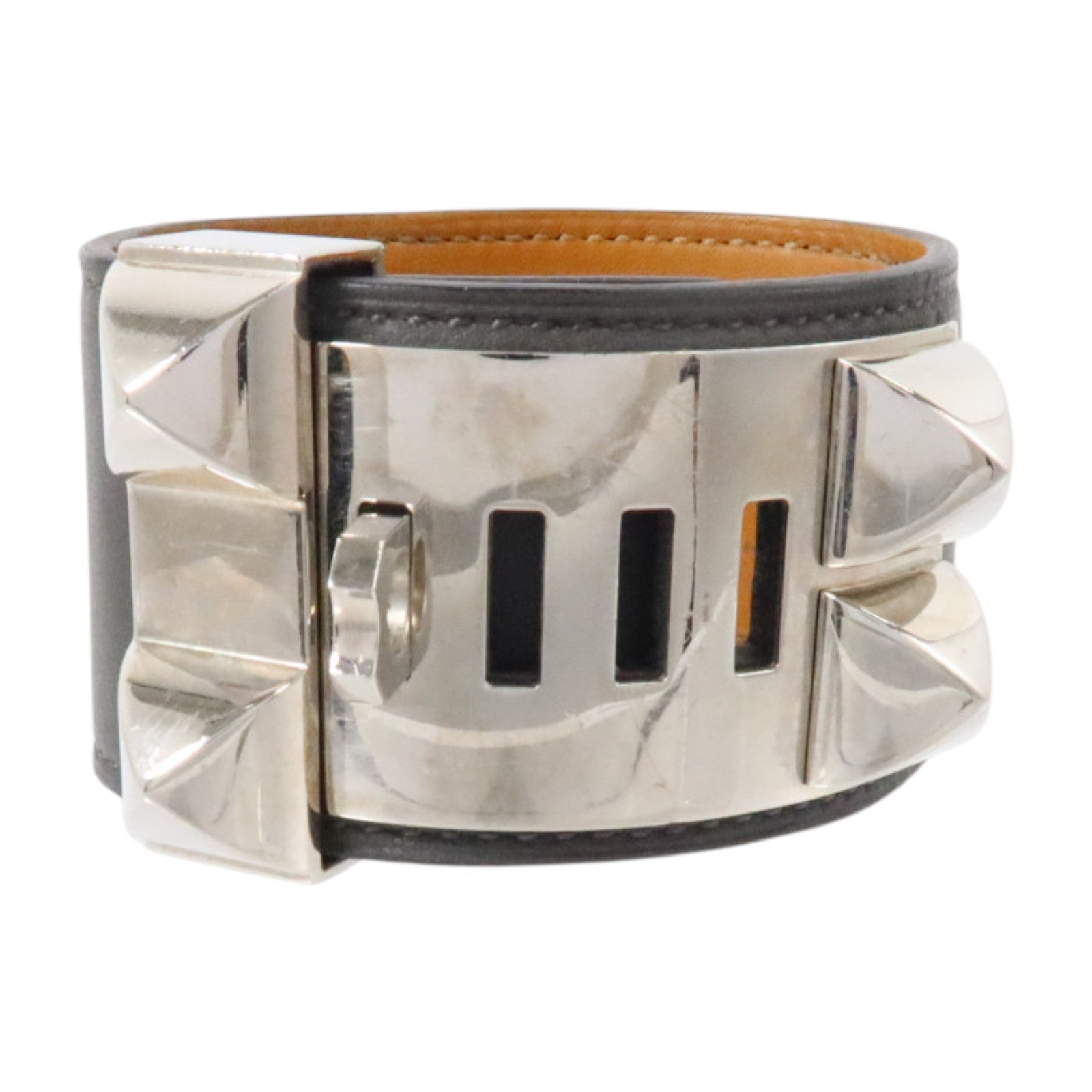 HERMES Swift皮革/金屬Collier De Chien Bracelet銀扣手鏈Ardoise