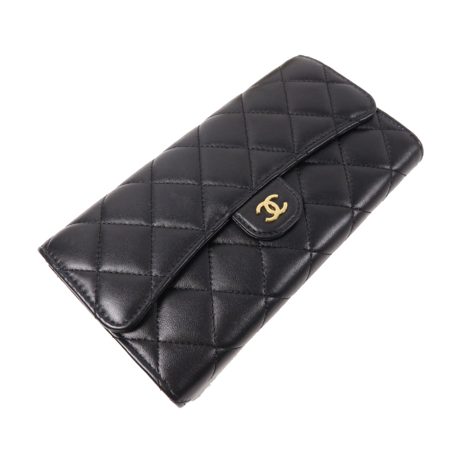 CHANEL 菱格羊皮皮革Long Wallet金扣長錢包黑色