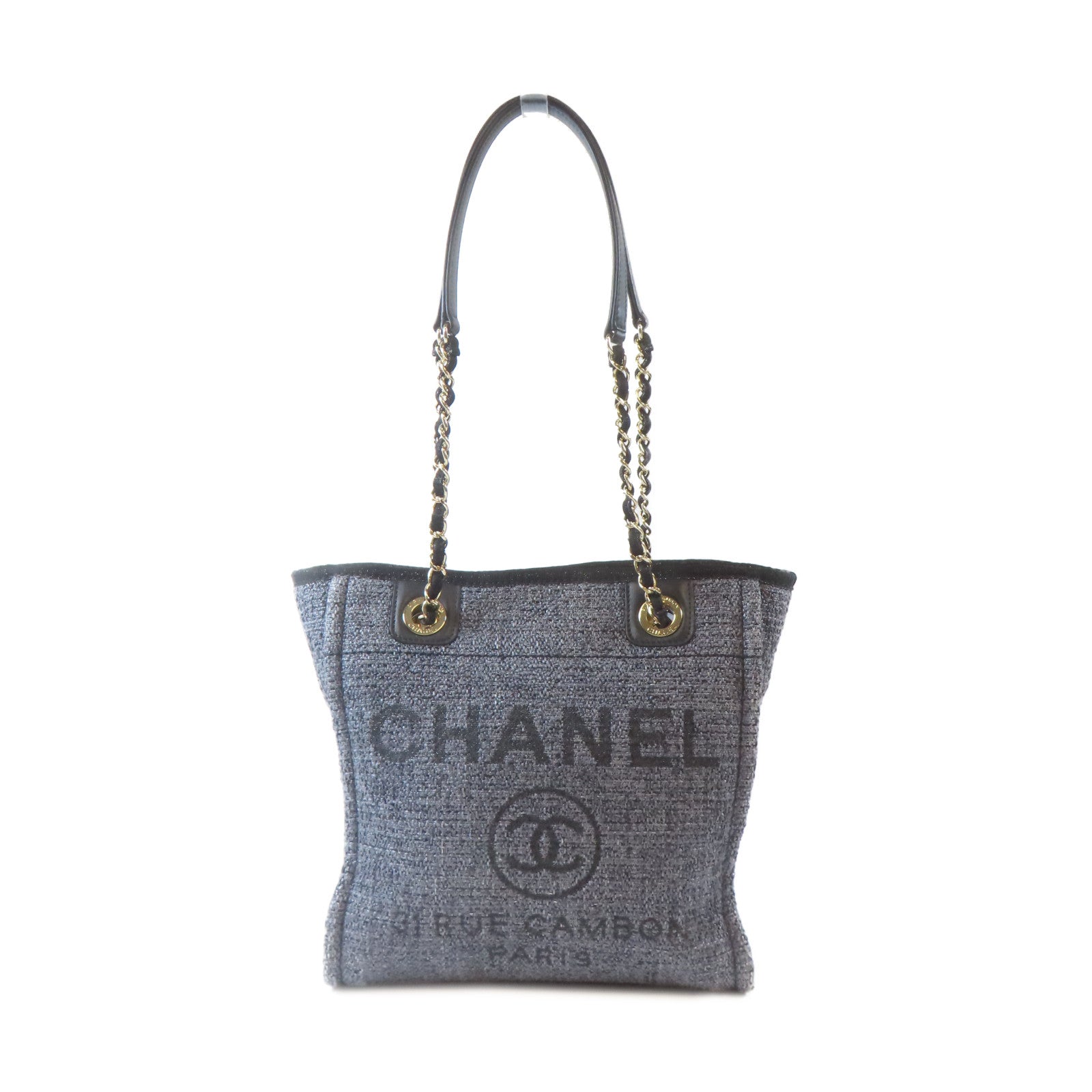 CHANEL 帆布Deauville Tote金扣肩背袋/手挽袋灰色