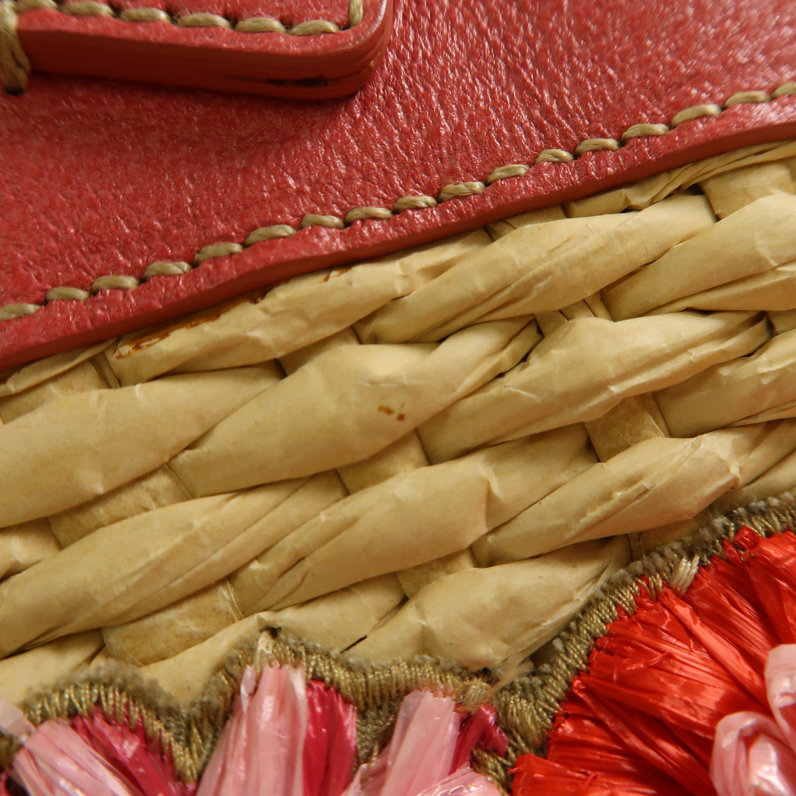 Miu Miu 【激減優惠】Straw/皮革Handbag金扣手挽袋米色/粉紅色
