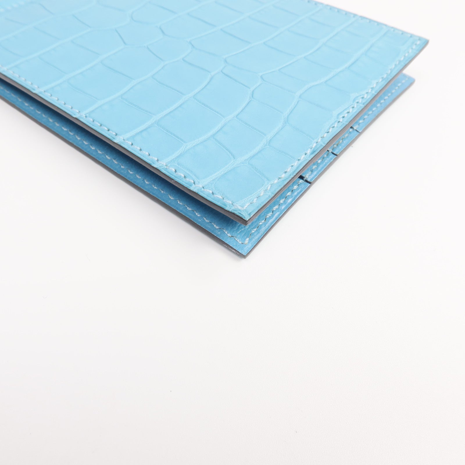 HERMES Alligator皮革Copernic Compact Wallet銀扣卡片套Bleu Atoll