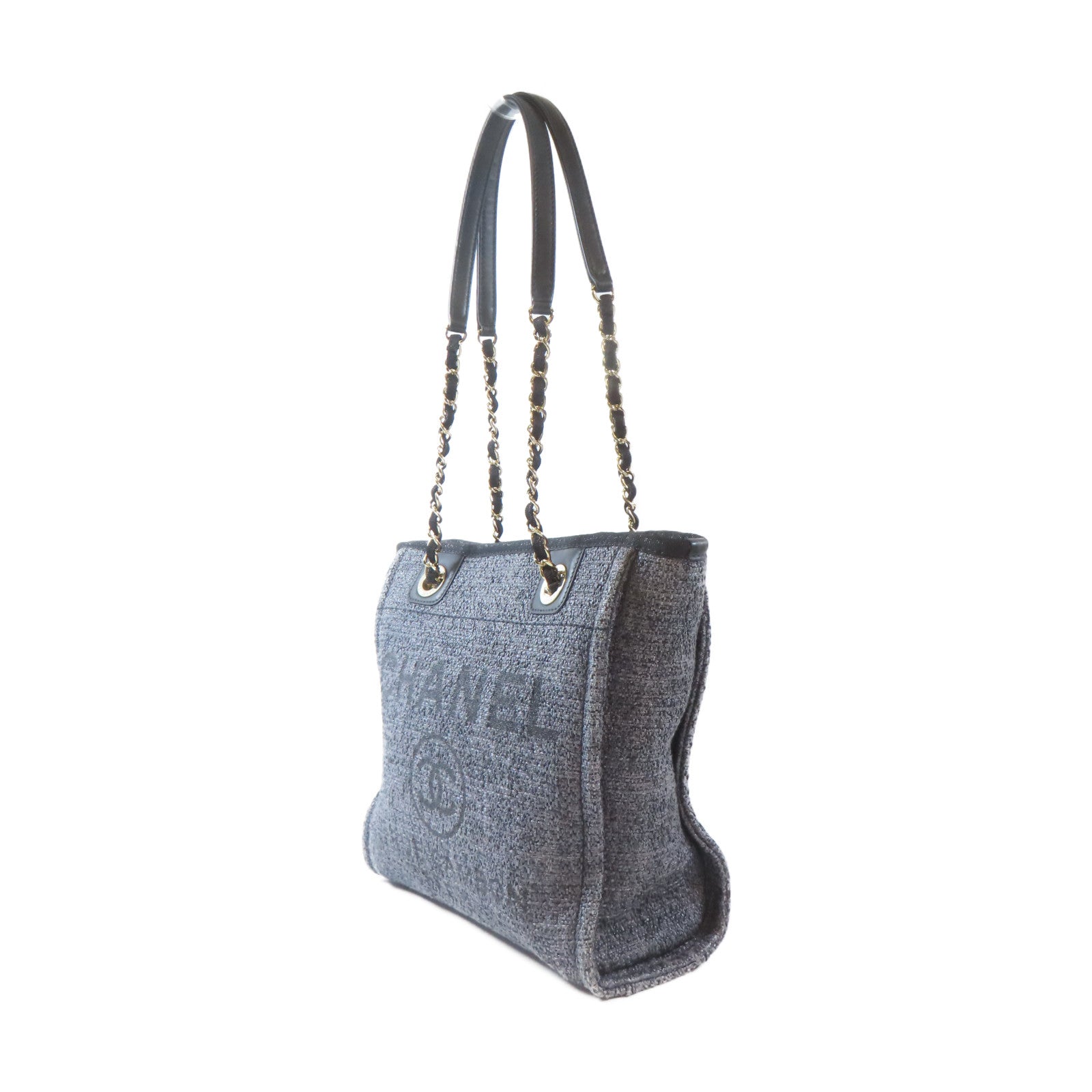 CHANEL 帆布Deauville Tote金扣肩背袋/手挽袋灰色