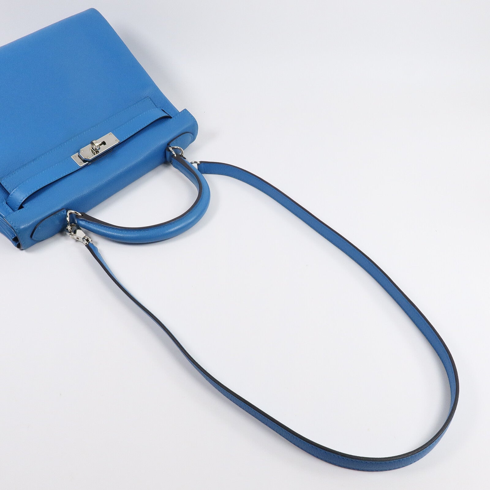 HERMES Clemence皮革Kelly 28手挽肩背兩用袋Bleu Frida