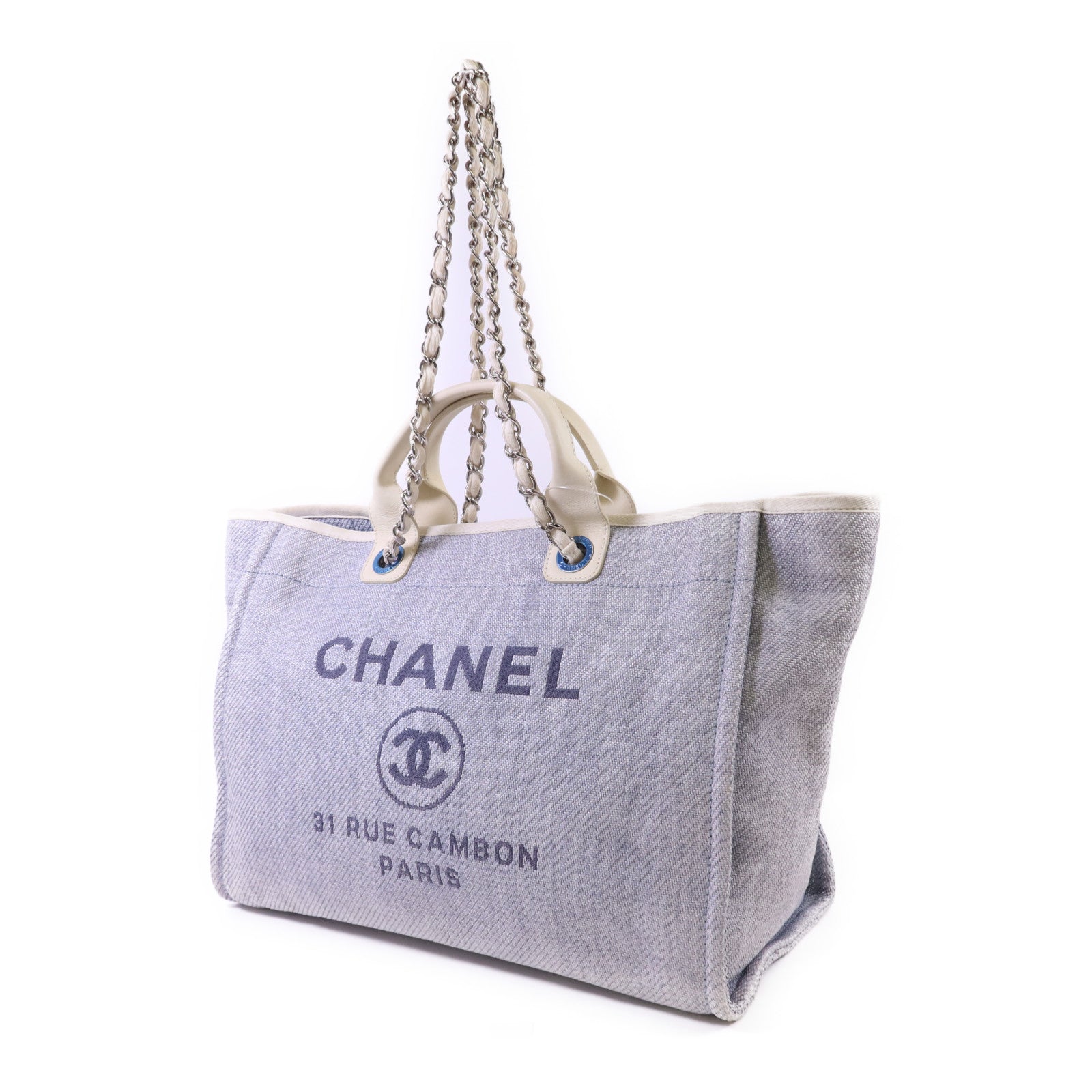 CHANEL 拉菲草Deauville Tote Bag銀扣手挽肩背兩用袋