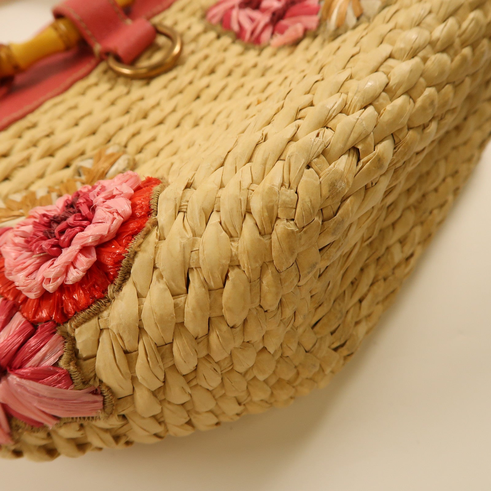 Miu Miu 【激減優惠】Straw/皮革Handbag金扣手挽袋米色/粉紅色