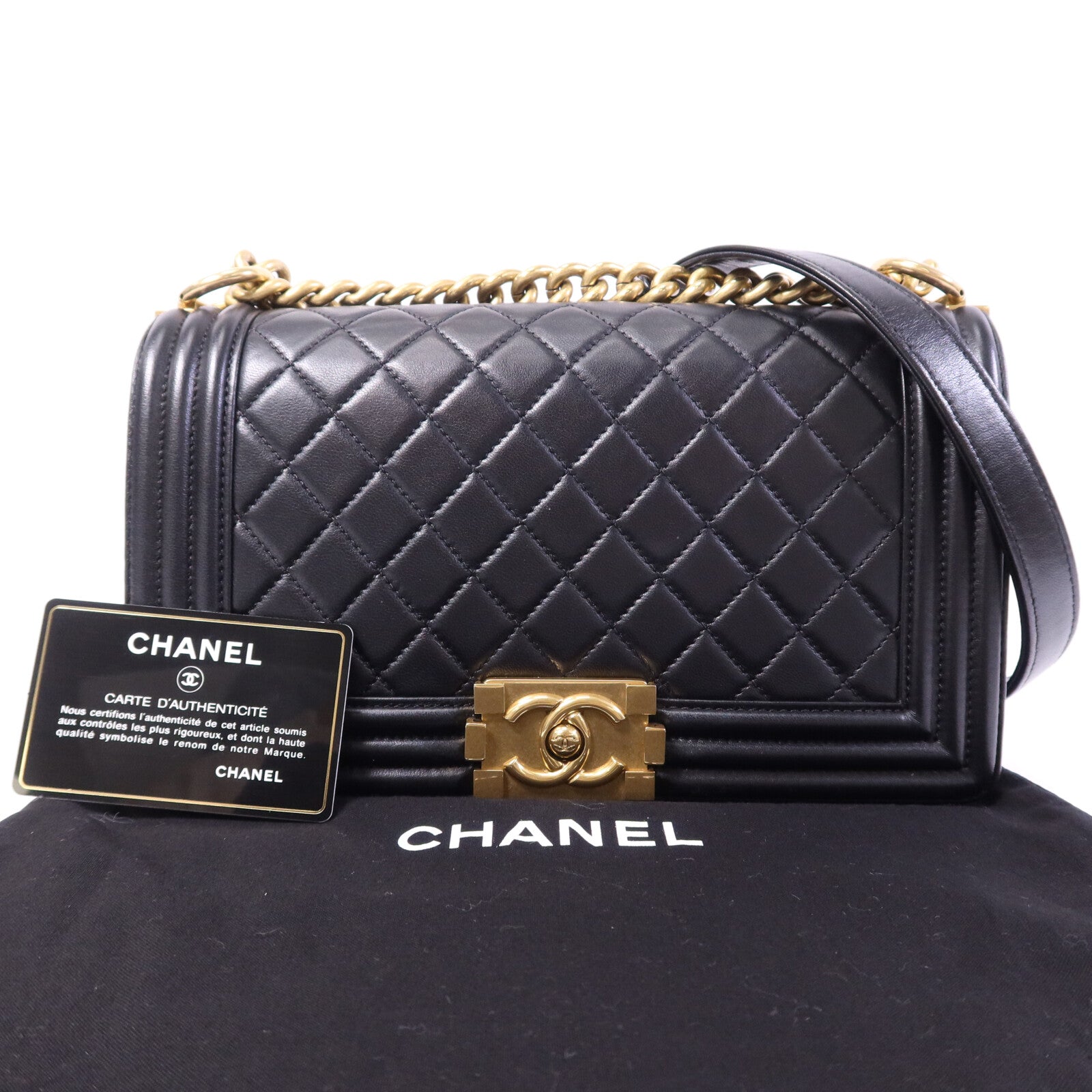 CHANEL 羊皮皮革Boy 25金扣鏈帶肩背袋