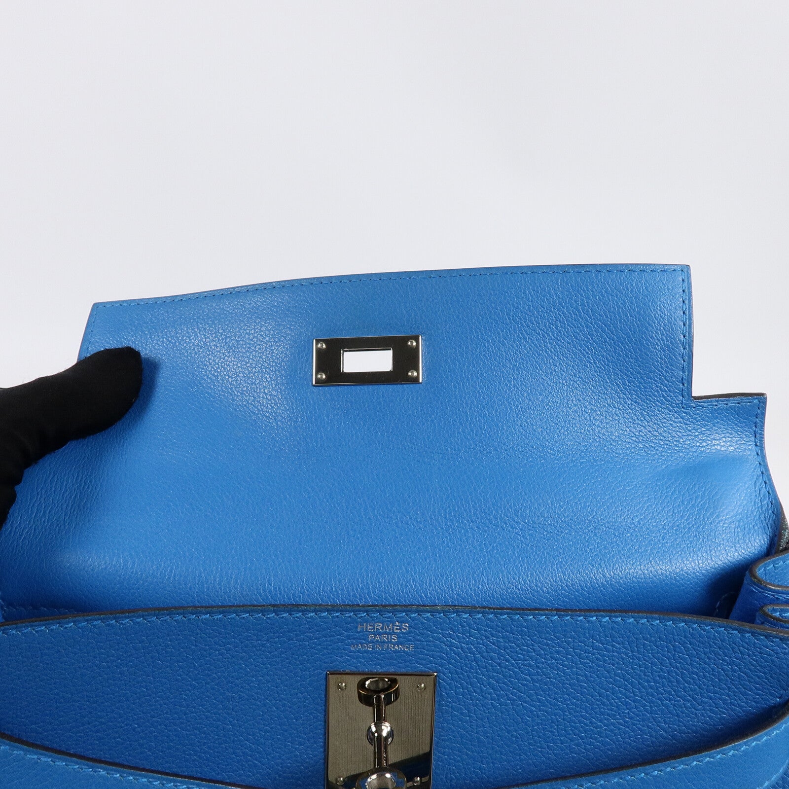HERMES Clemence皮革Kelly 28手挽肩背兩用袋Bleu Frida