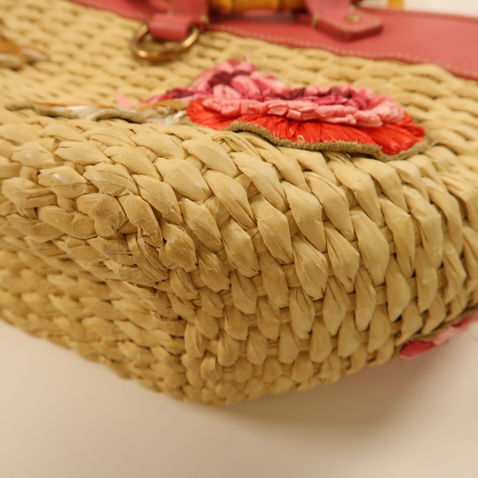 Miu Miu 【激減優惠】Straw/皮革Handbag金扣手挽袋米色/粉紅色