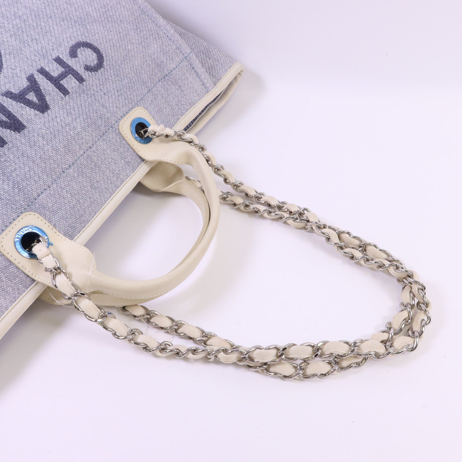 CHANEL 拉菲草Deauville Tote Bag銀扣手挽肩背兩用袋