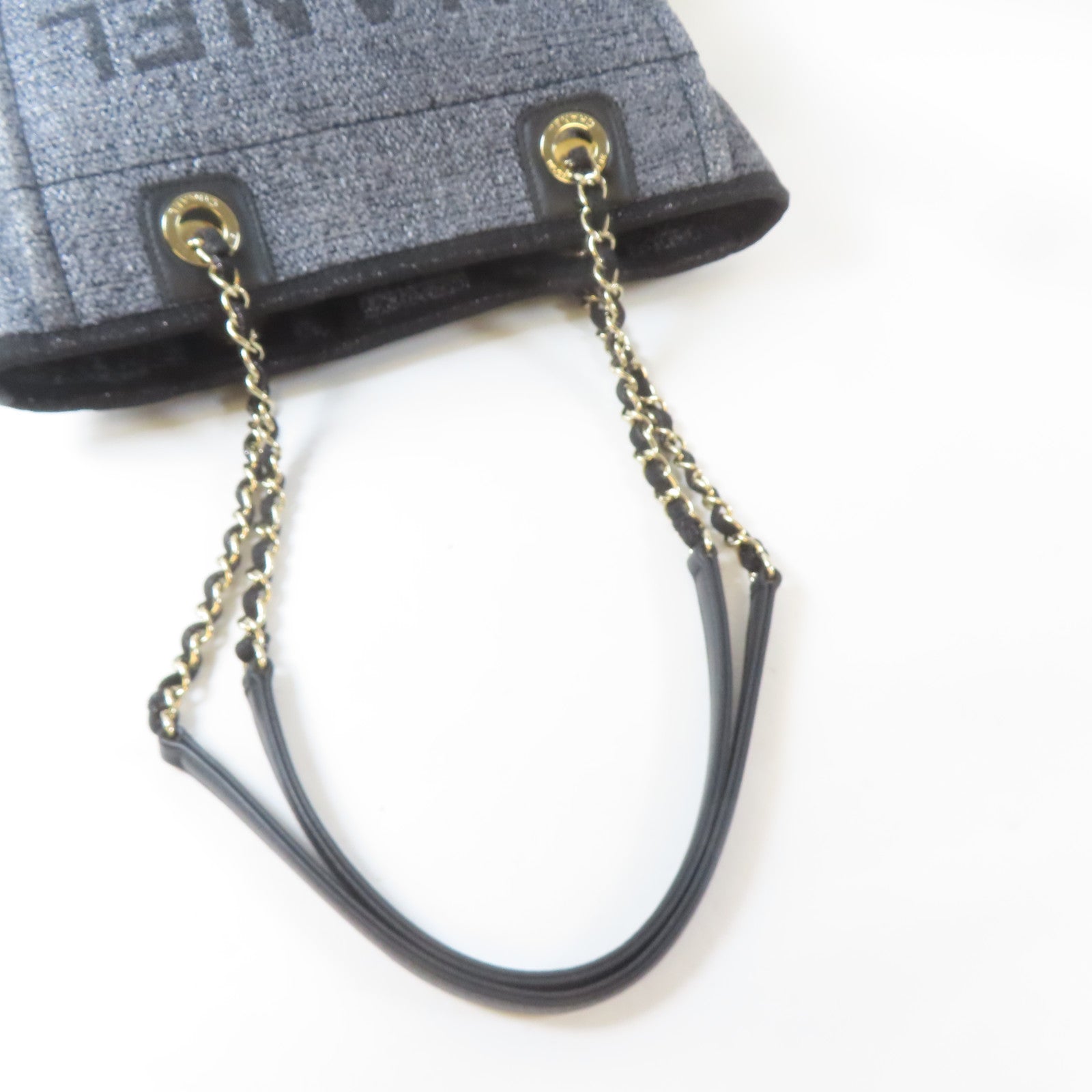CHANEL 帆布Deauville Tote金扣肩背袋/手挽袋灰色