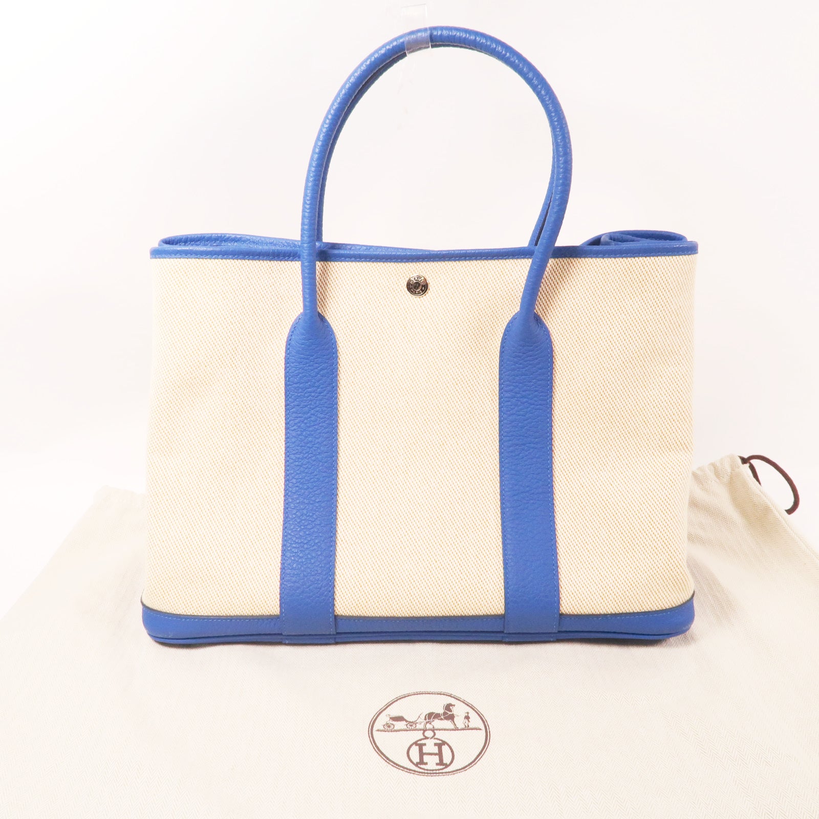 HERMES Toile H帆布Garden Party PM銀扣手挽袋Bleu Hydra/藍色/米色