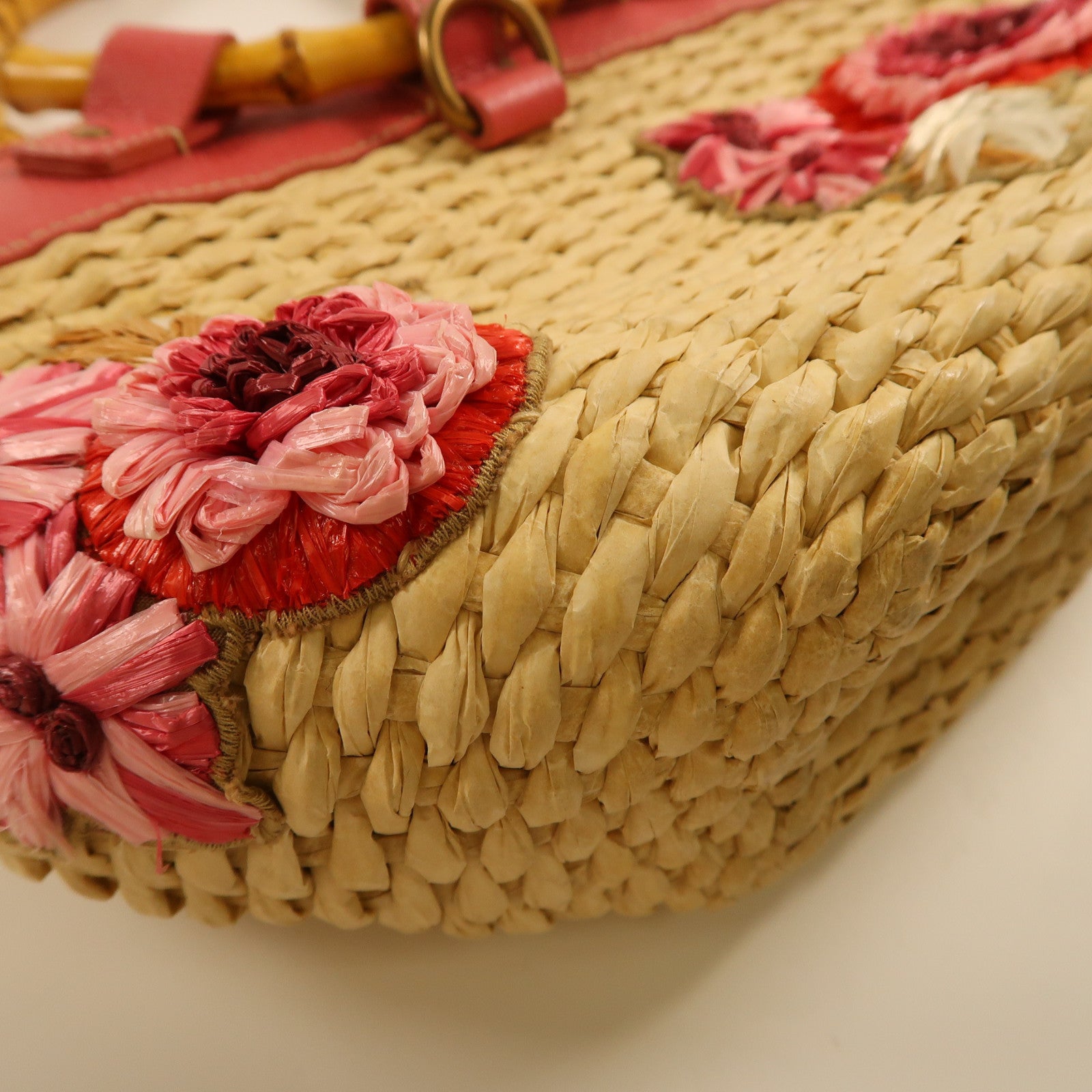 Miu Miu 【激減優惠】Straw/皮革Handbag金扣手挽袋米色/粉紅色