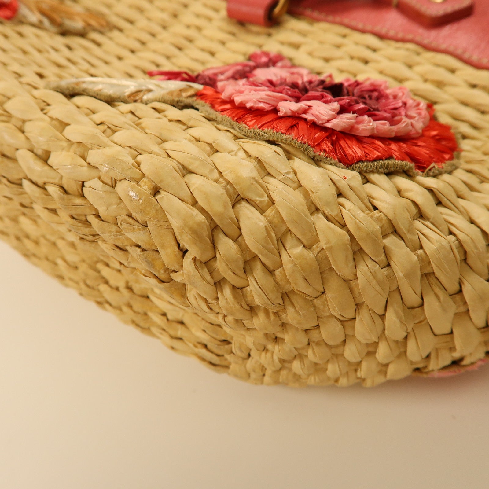 Miu Miu 【激減優惠】Straw/皮革Handbag金扣手挽袋米色/粉紅色