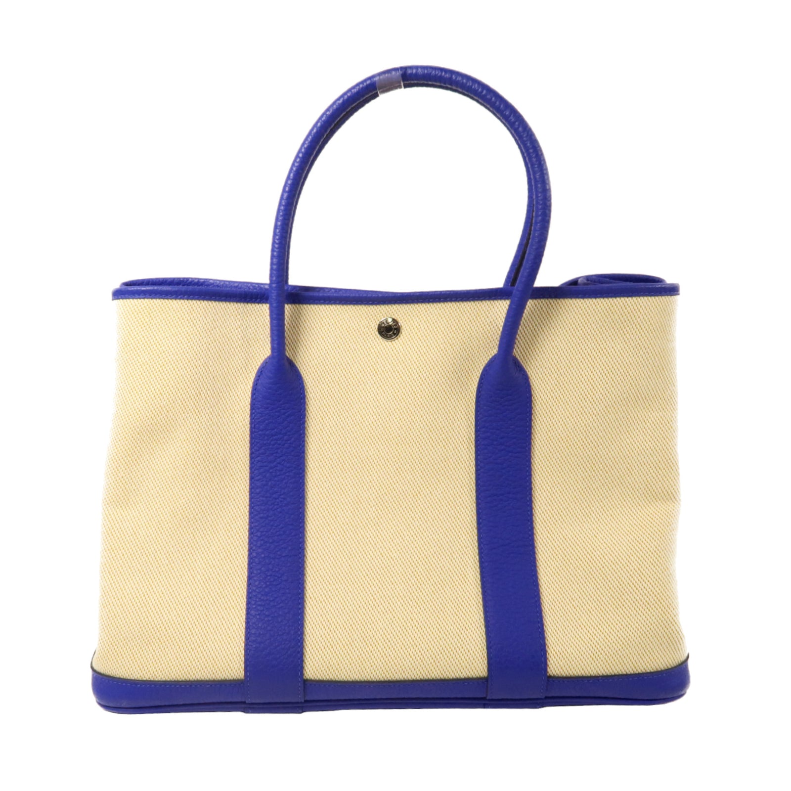 HERMES Toile H帆布Garden Party PM銀扣手挽袋Bleu Hydra/藍色/米色
