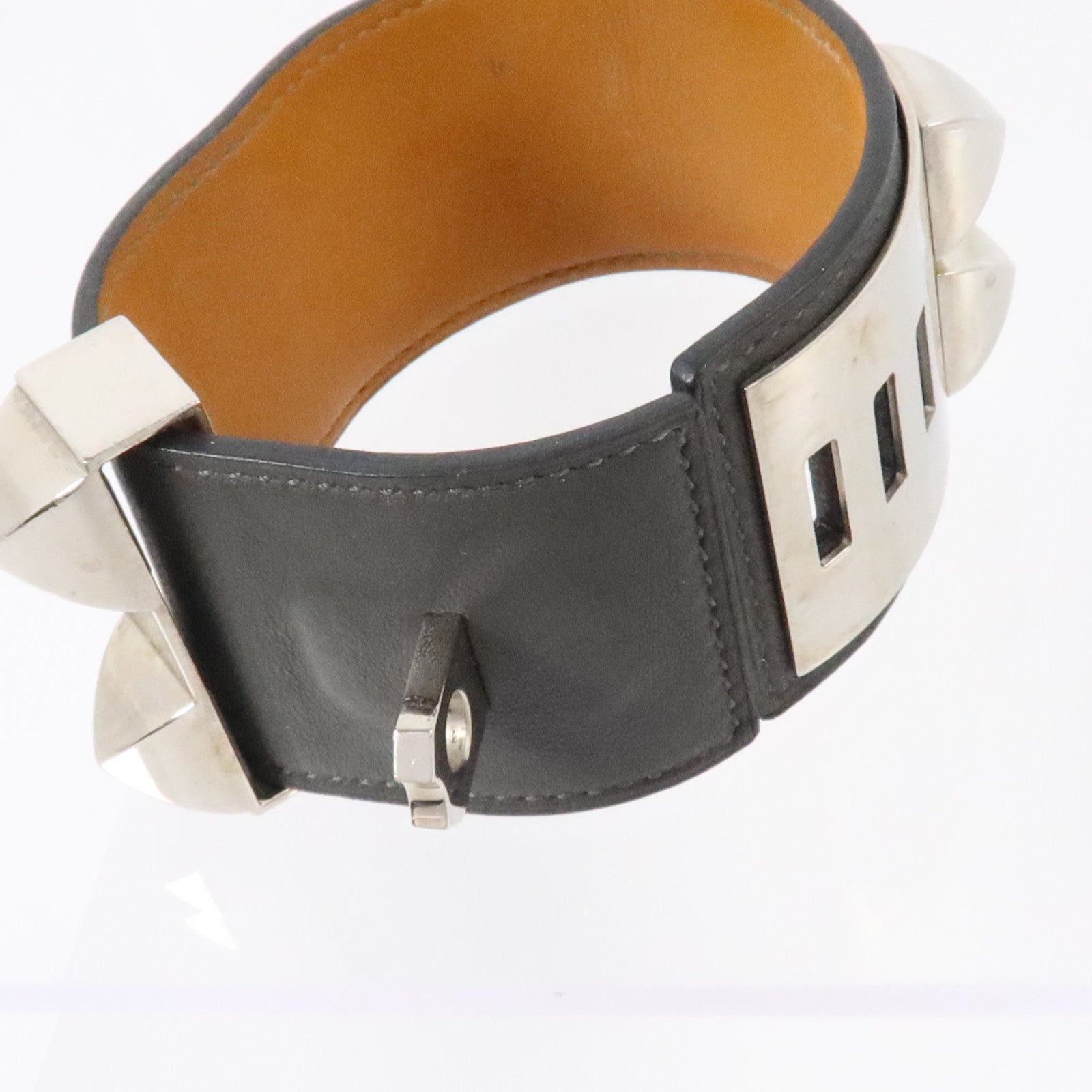 HERMES Swift皮革/金屬Collier De Chien Bracelet銀扣手鏈Ardoise