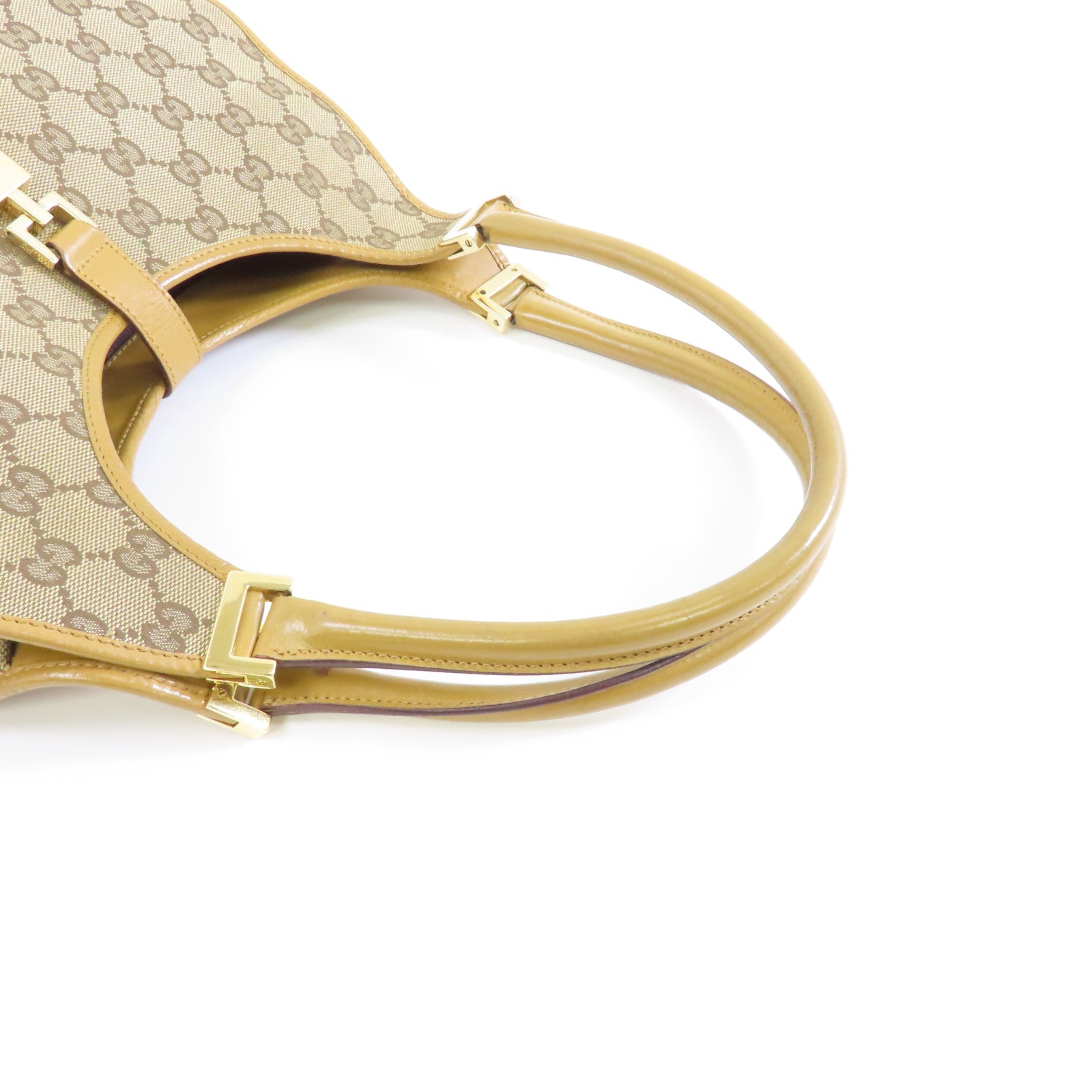 GUCCI 帆布/牛皮皮革Jackie金扣肩背袋啡色