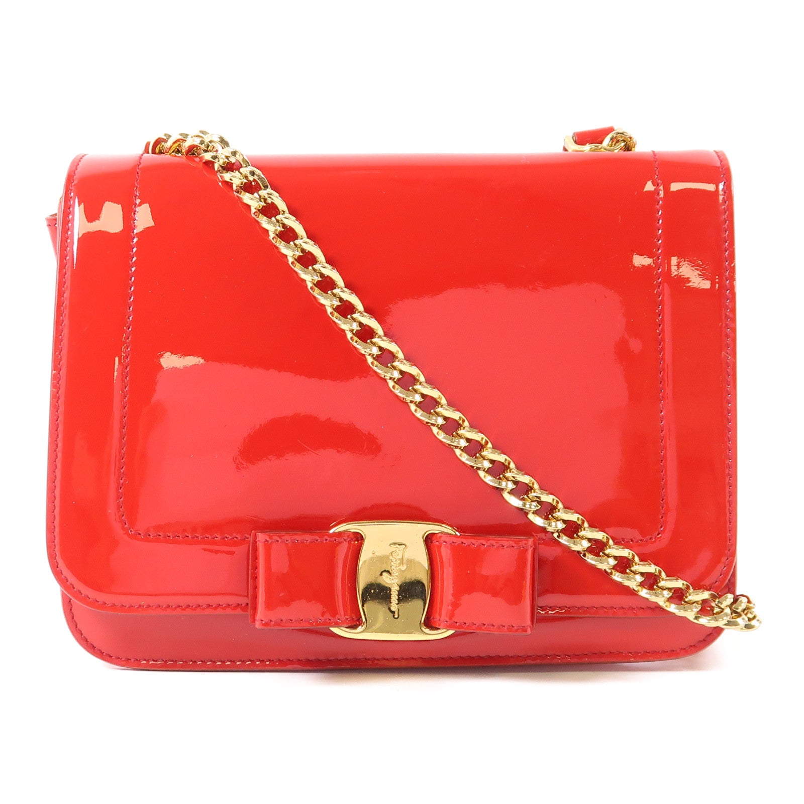 Salvatore Ferragamo 漆皮皮革Chain Shoulder金扣鏈帶肩背袋