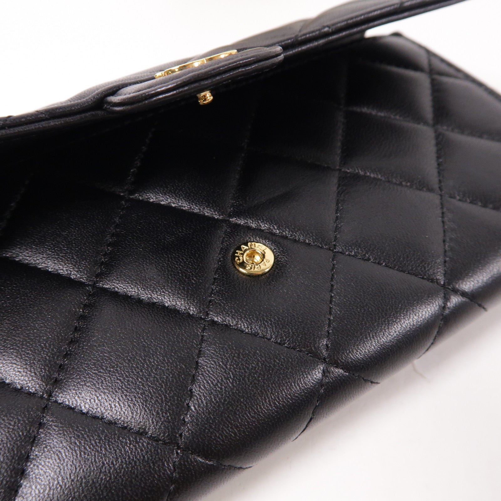 CHANEL 菱格羊皮皮革Long Wallet金扣長錢包黑色