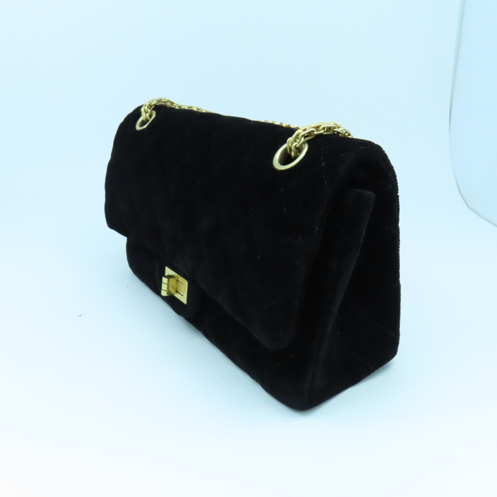 CHANEL 【清倉大減價】菱格天鵝絨2.55 Chain Shoulder金扣手挽肩背兩用袋黑色